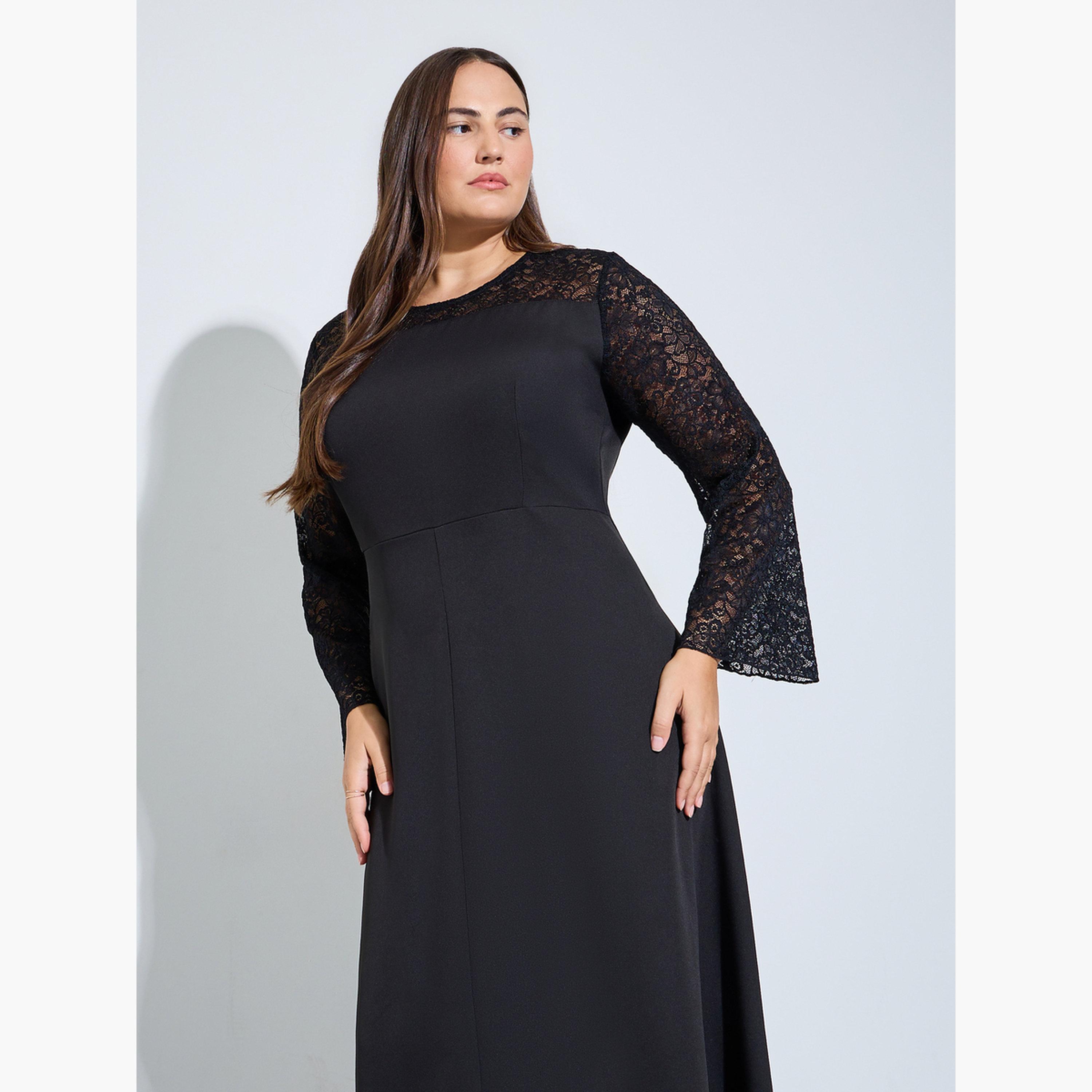 Styli Plus Size Black Lace Sleeves A-Line Maxi Dress-women-clothing-dresses-image-2