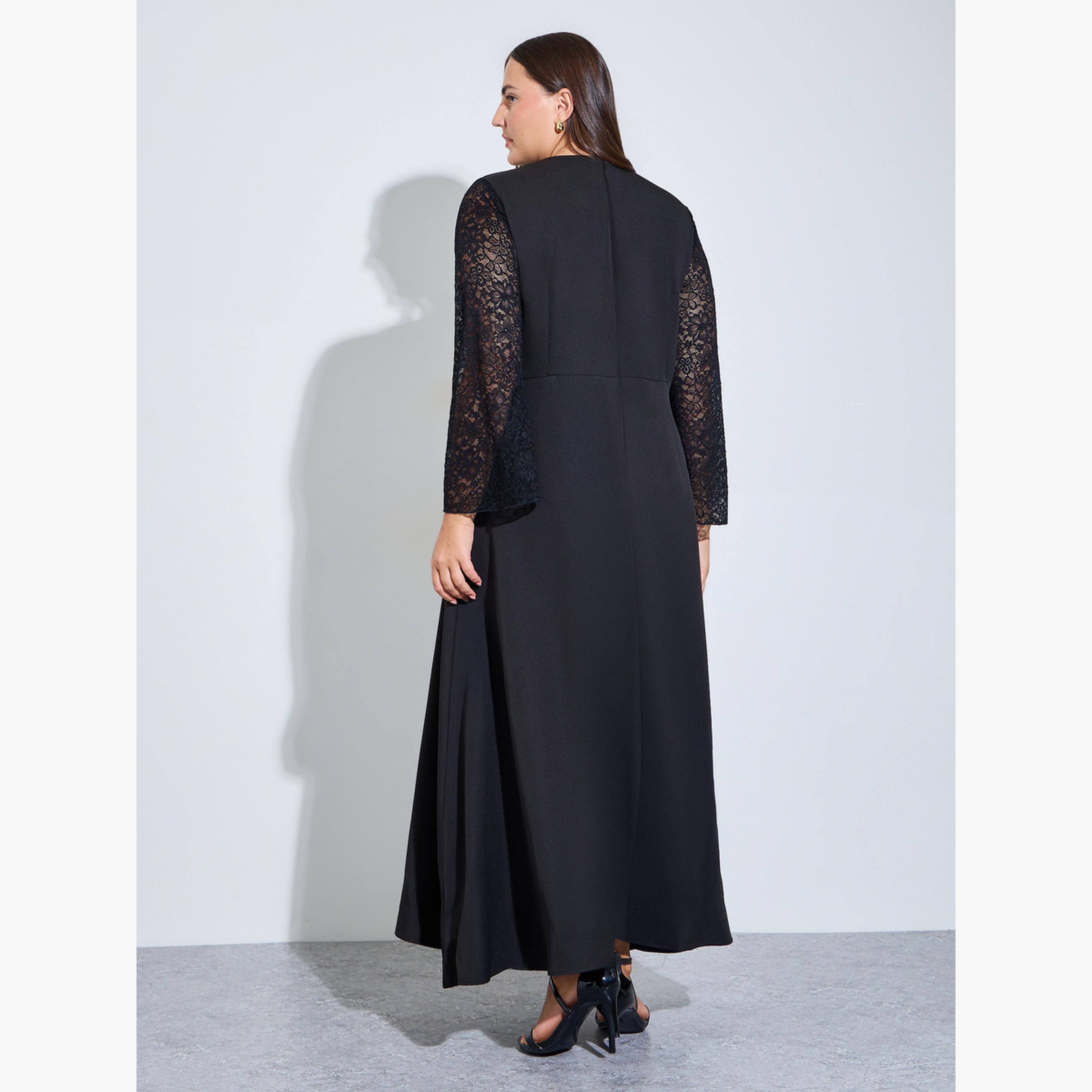 Styli Plus Size Black Lace Sleeves A-Line Maxi Dress-women-clothing-dresses-image-4