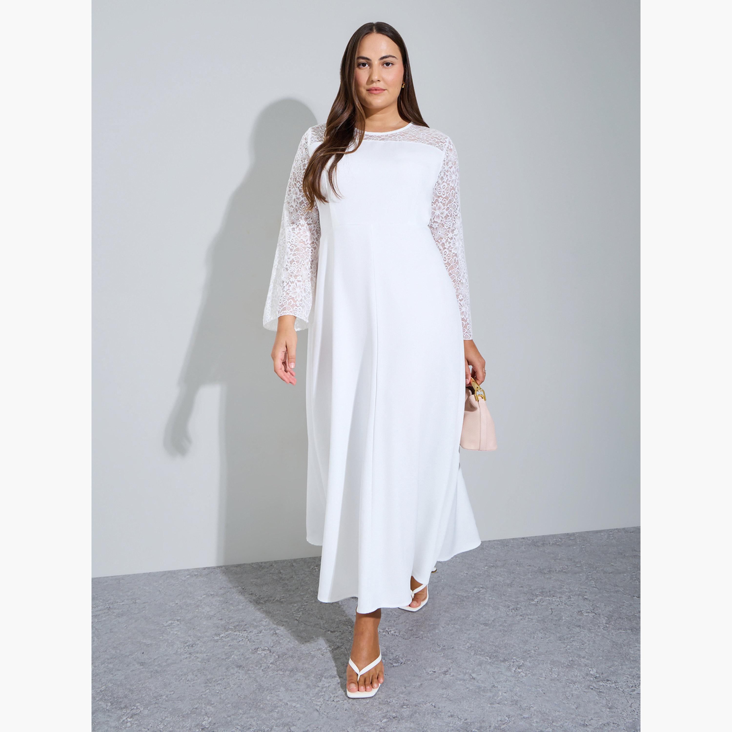Styli Plus Size White Lace Sleeves A-Line Maxi Dress-women-clothing-dresses-image-1