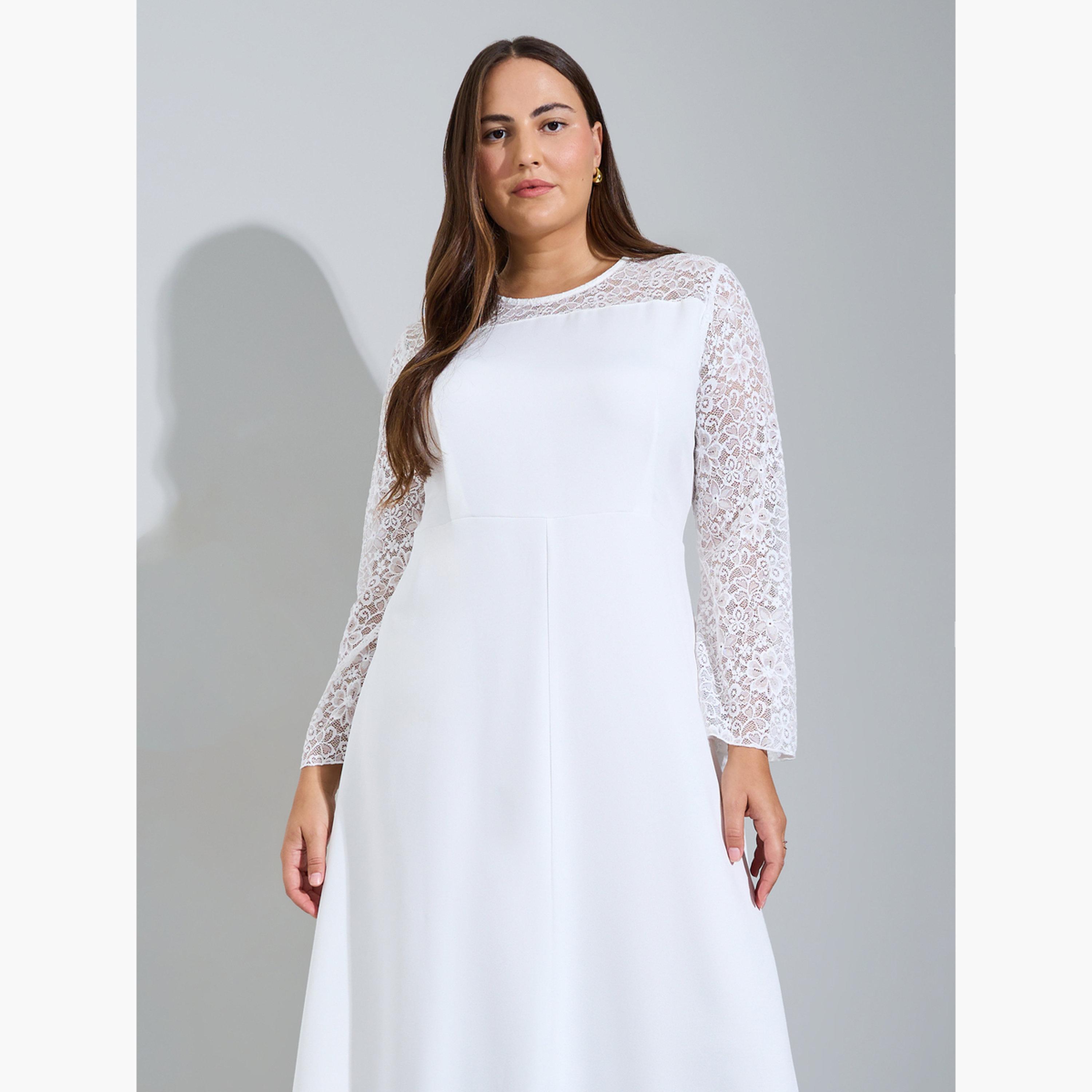 Styli Plus Size White Lace Sleeves A-Line Maxi Dress-women-clothing-dresses-image-2