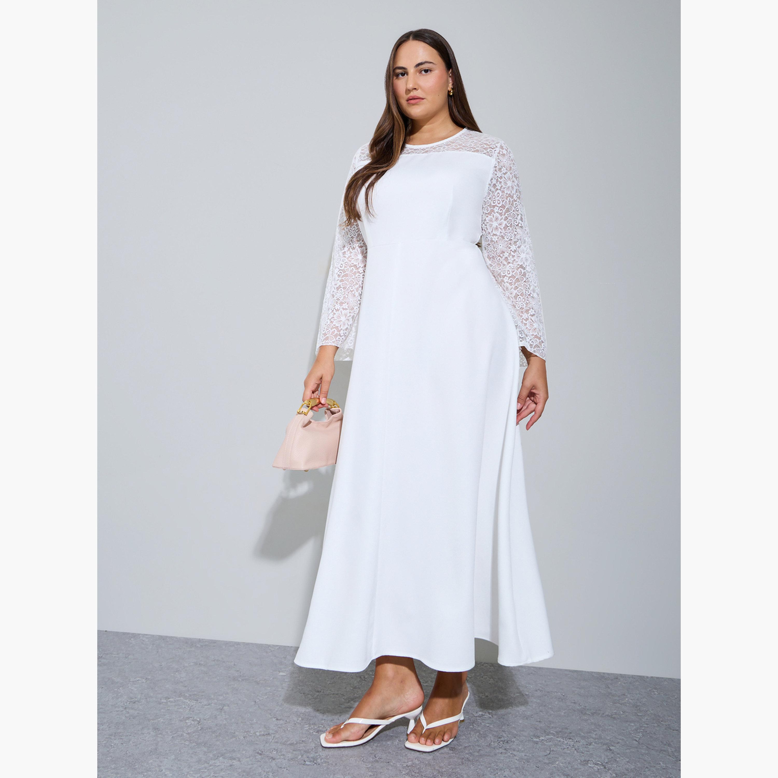 Styli Plus Size White Lace Sleeves A-Line Maxi Dress-women-clothing-dresses-image-3