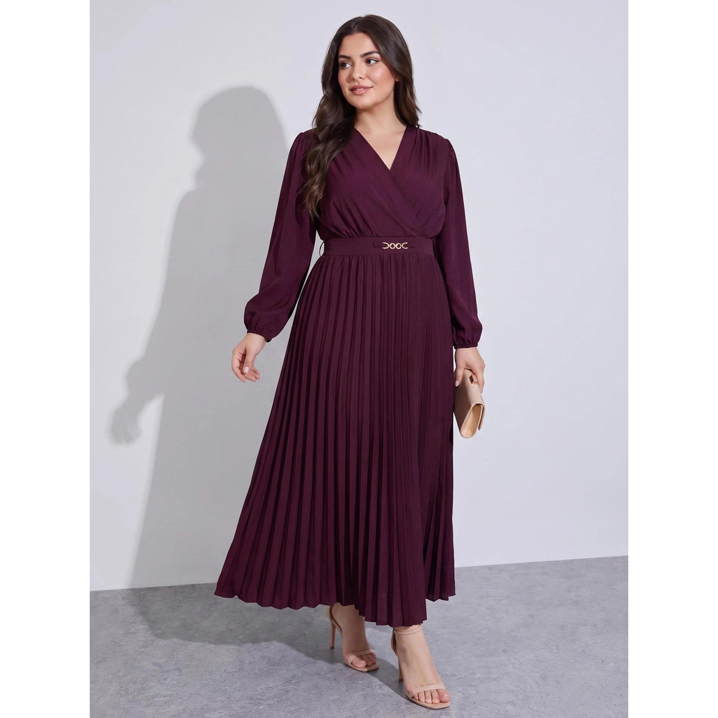 Styli Plus Size Burgundy Solid Pleated A-Line Maxi Dress-women-clothing-dresses-image-1