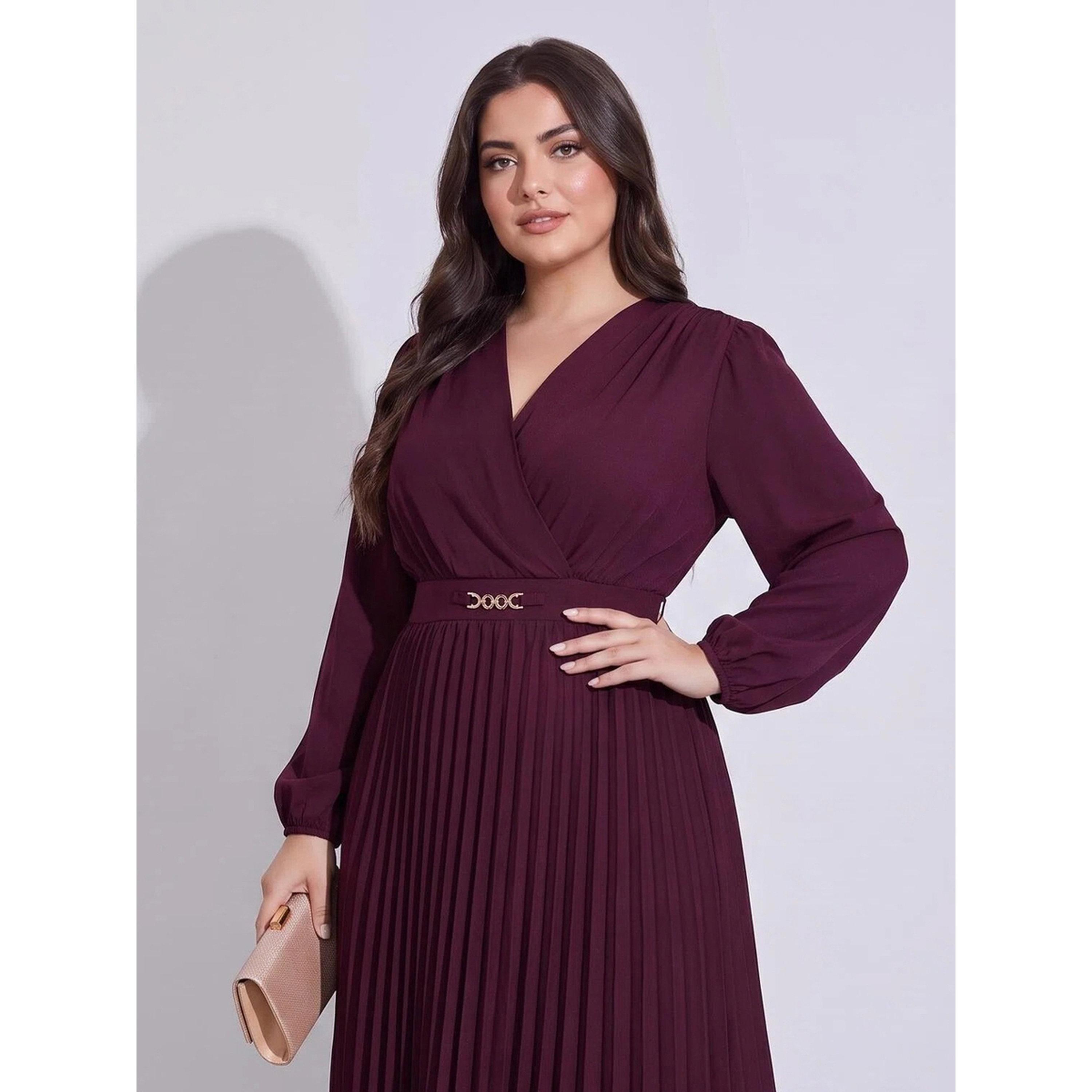 Styli Plus Size Burgundy Solid Pleated A-Line Maxi Dress-women-clothing-dresses-image-2