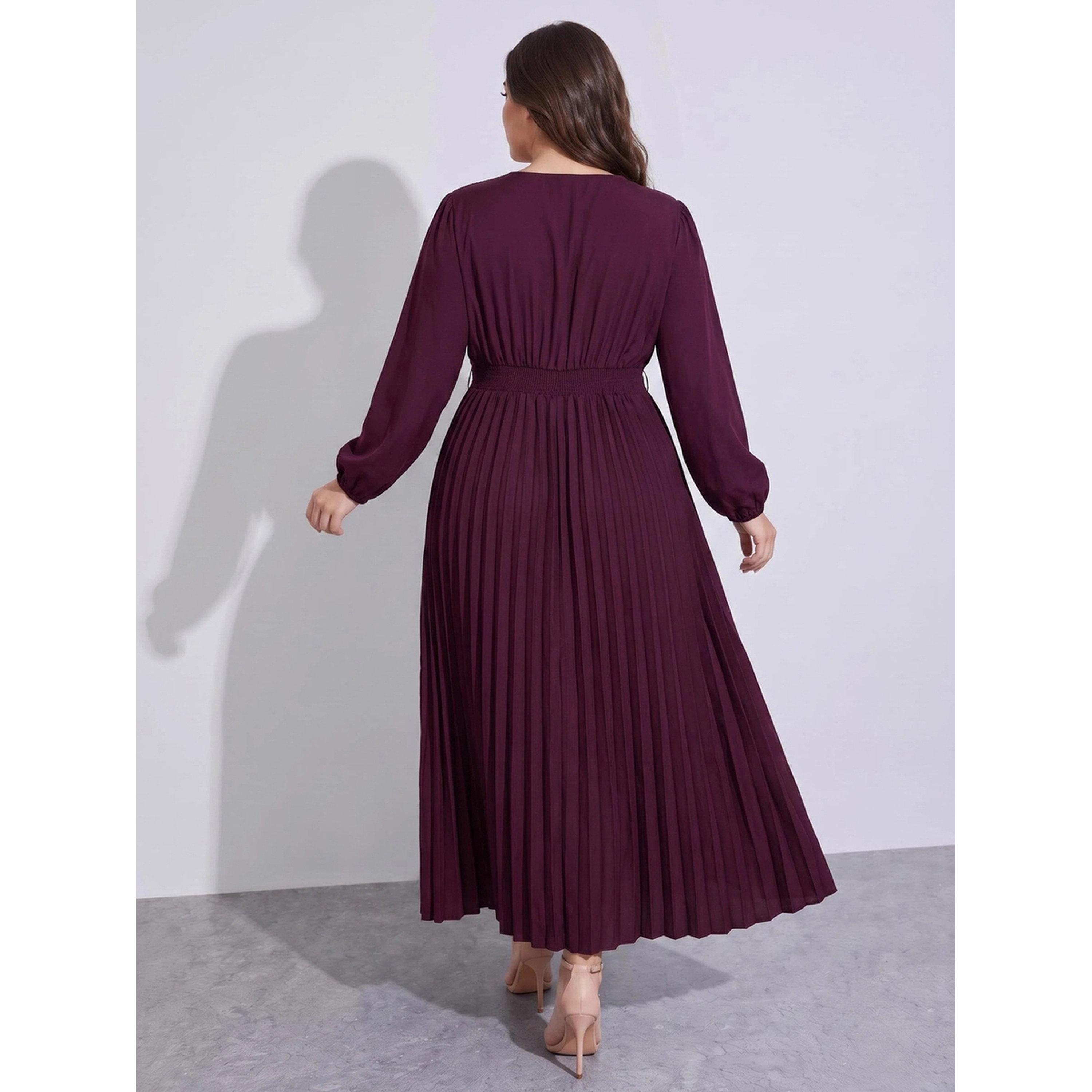Styli Plus Size Burgundy Solid Pleated A-Line Maxi Dress-women-clothing-dresses-image-3