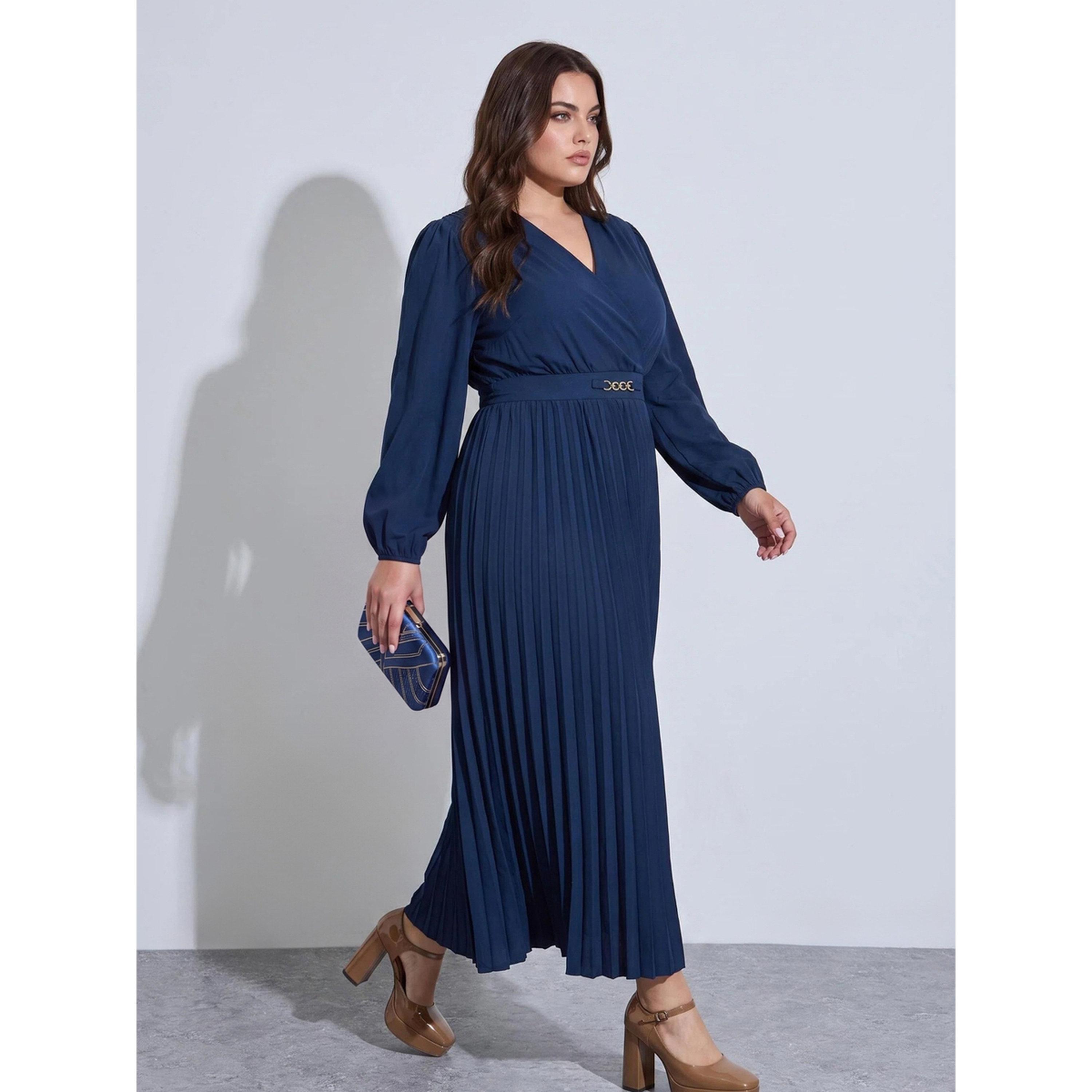 ستايلي - فستان  ماكسي طويل تصميم A وحزام وثنيات-women-clothing-dresses-image-2