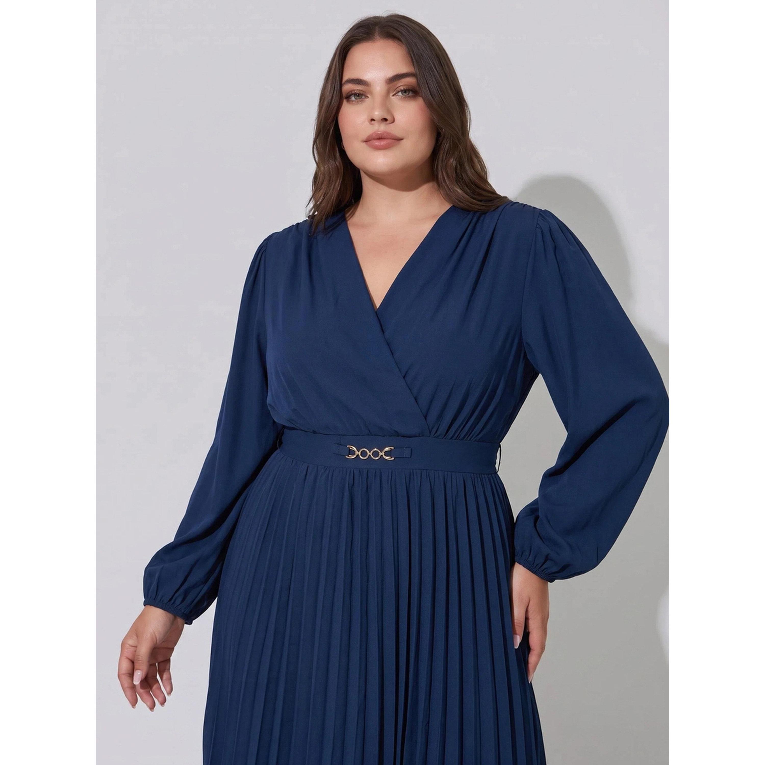 ستايلي - فستان  ماكسي طويل تصميم A وحزام وثنيات-women-clothing-dresses-image-3