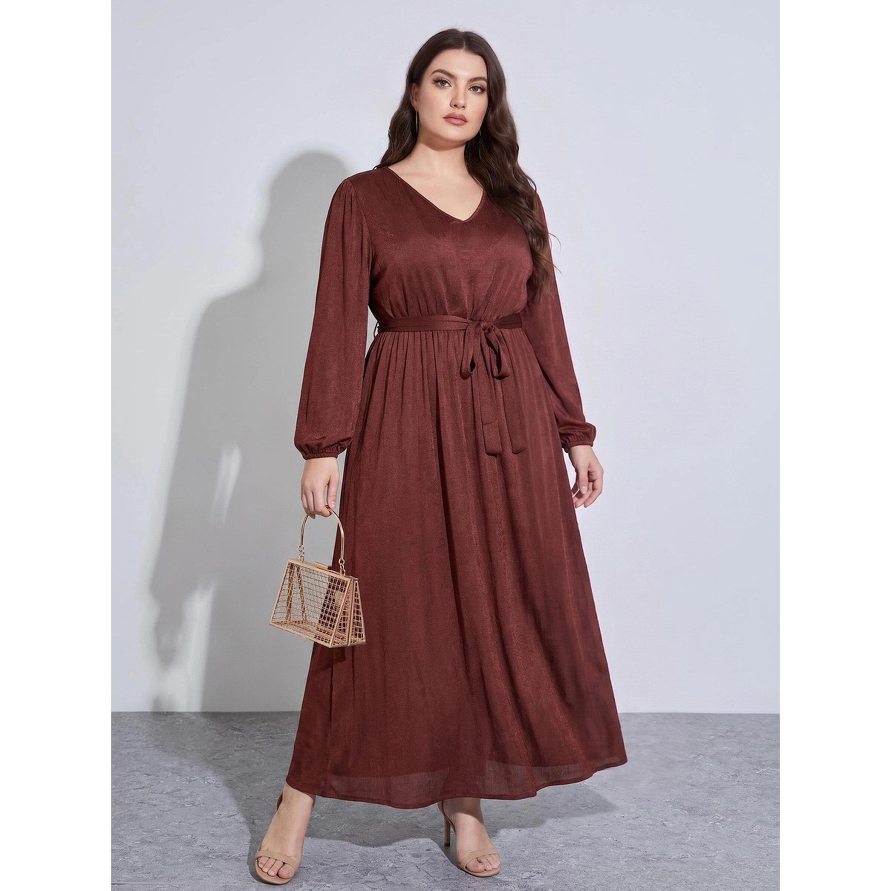 ستايلي - فستان ماكسي من الساتان بلون الصدأ السادة تصميم A مقاس كبير بخصر مربوط.-women-clothing-dresses-image-1