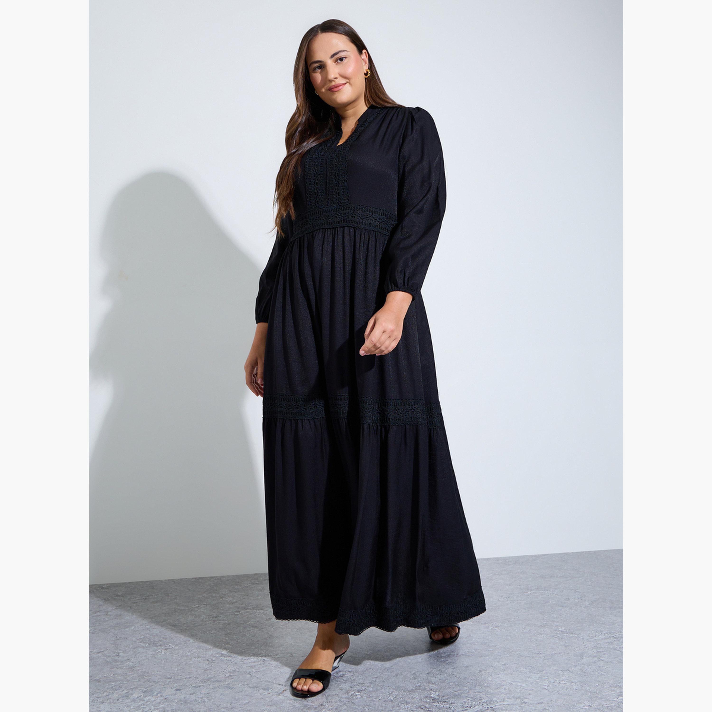 Styli Plus Size Black Lace Details A-Line Maxi Dress-women-clothing-dresses-image-1