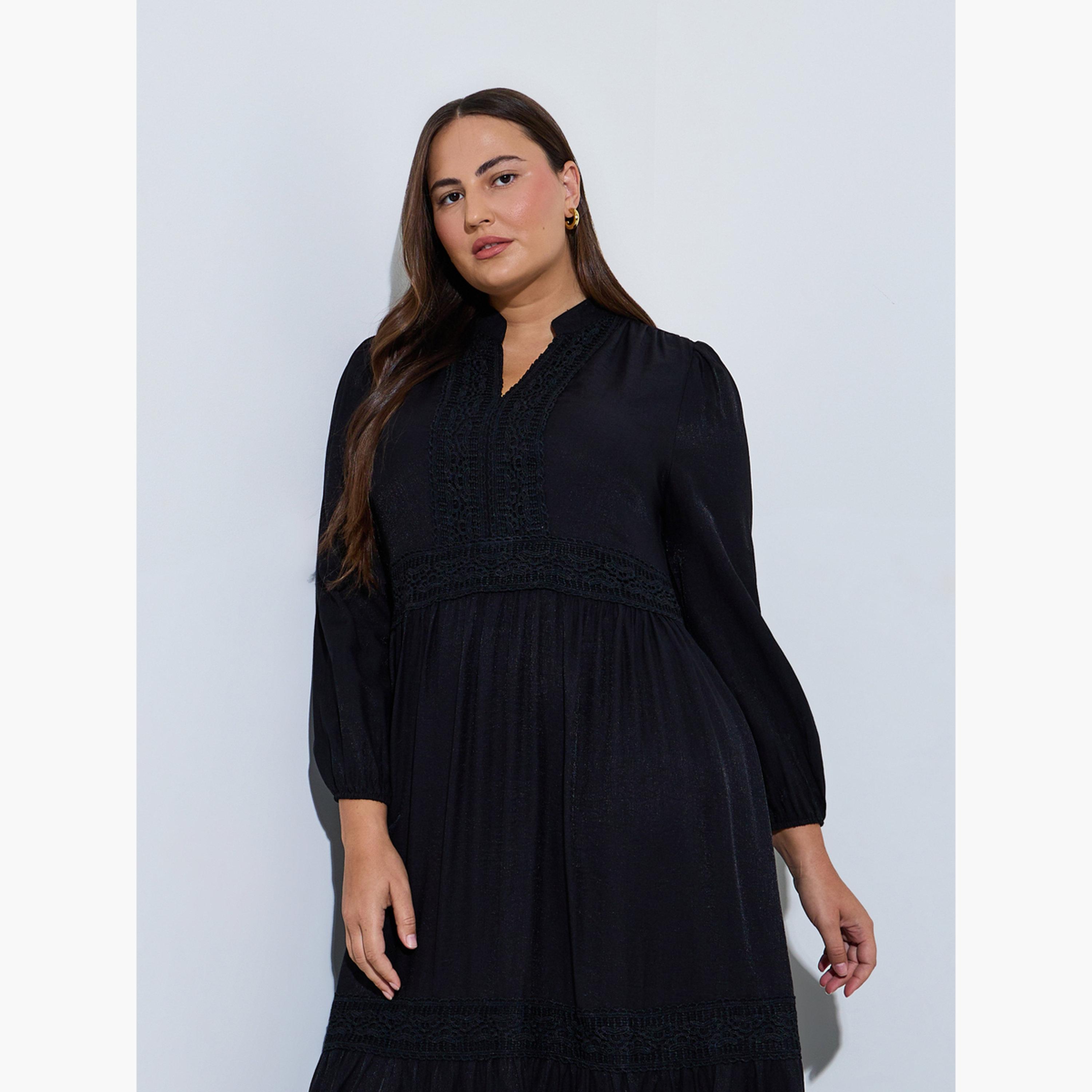 Styli Plus Size Black Lace Details A-Line Maxi Dress-women-clothing-dresses-image-2
