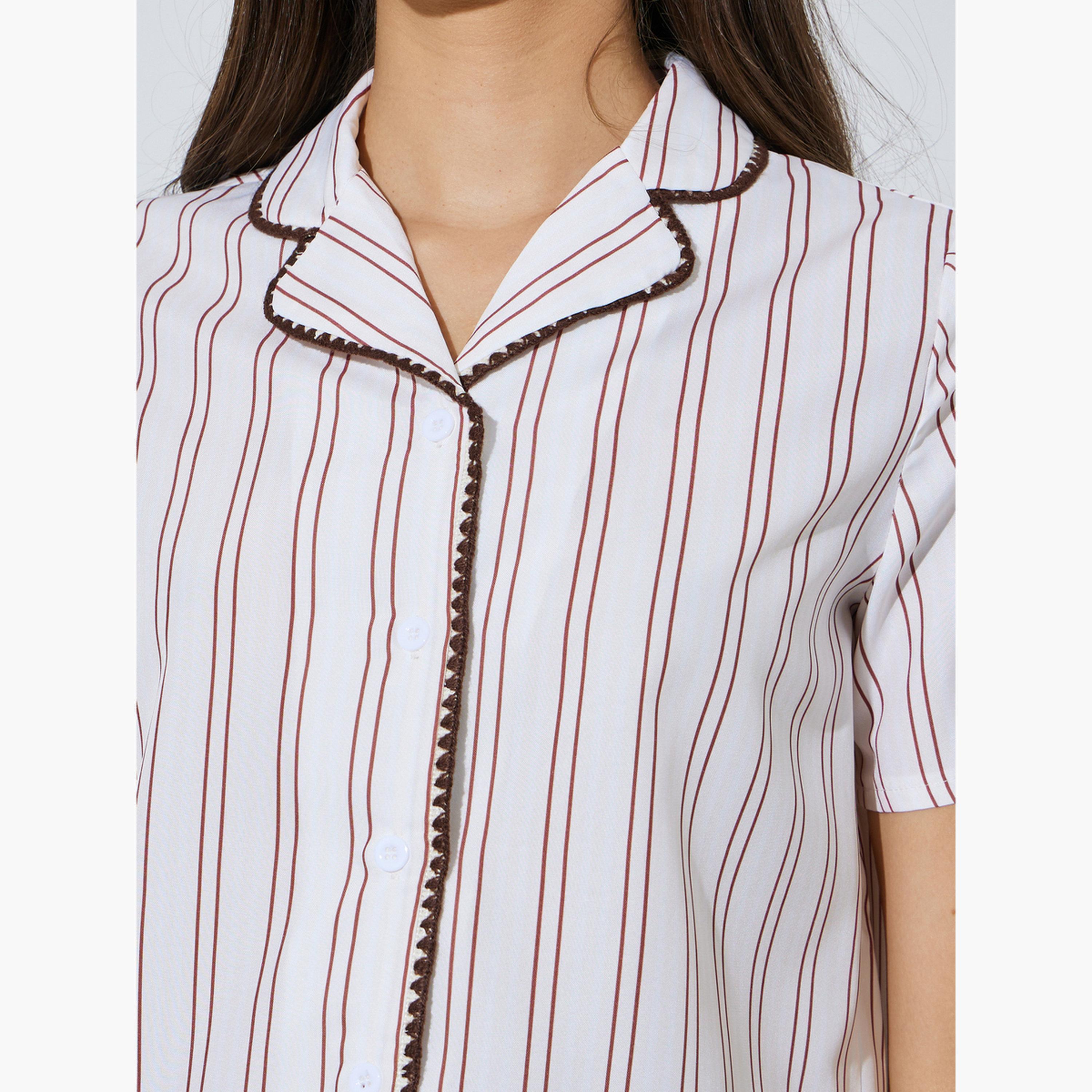 بلوزة مخططة بأكمام قصيرة وتفاصيل مُتباينة-women-clothing-shirtsandblouses-shirts-image-5