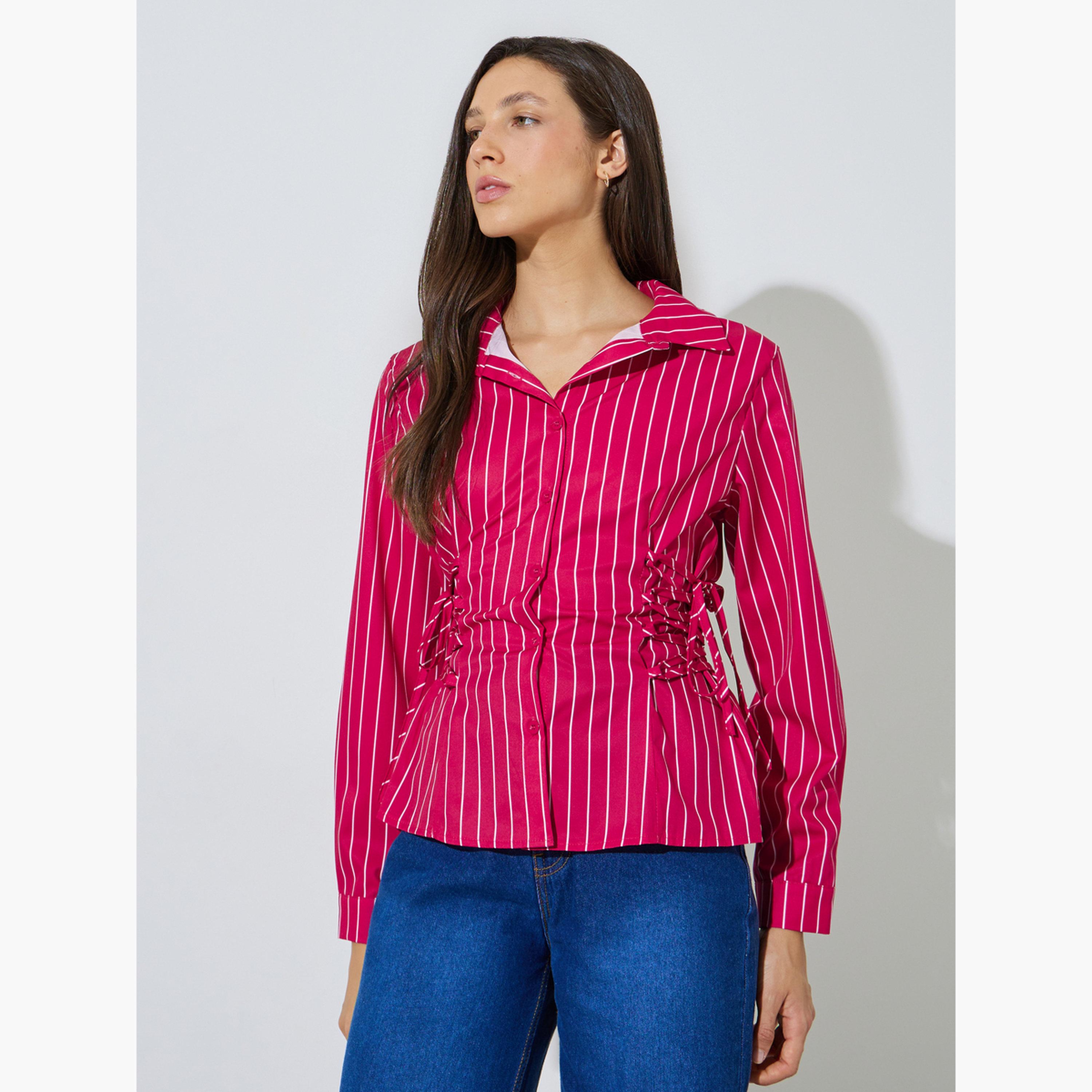 بلوزة بأكمام طويلة طويلة بنمط مخطط وتفاصيل رباط جانبي-women-clothing-shirtsandblouses-shirts-image-1