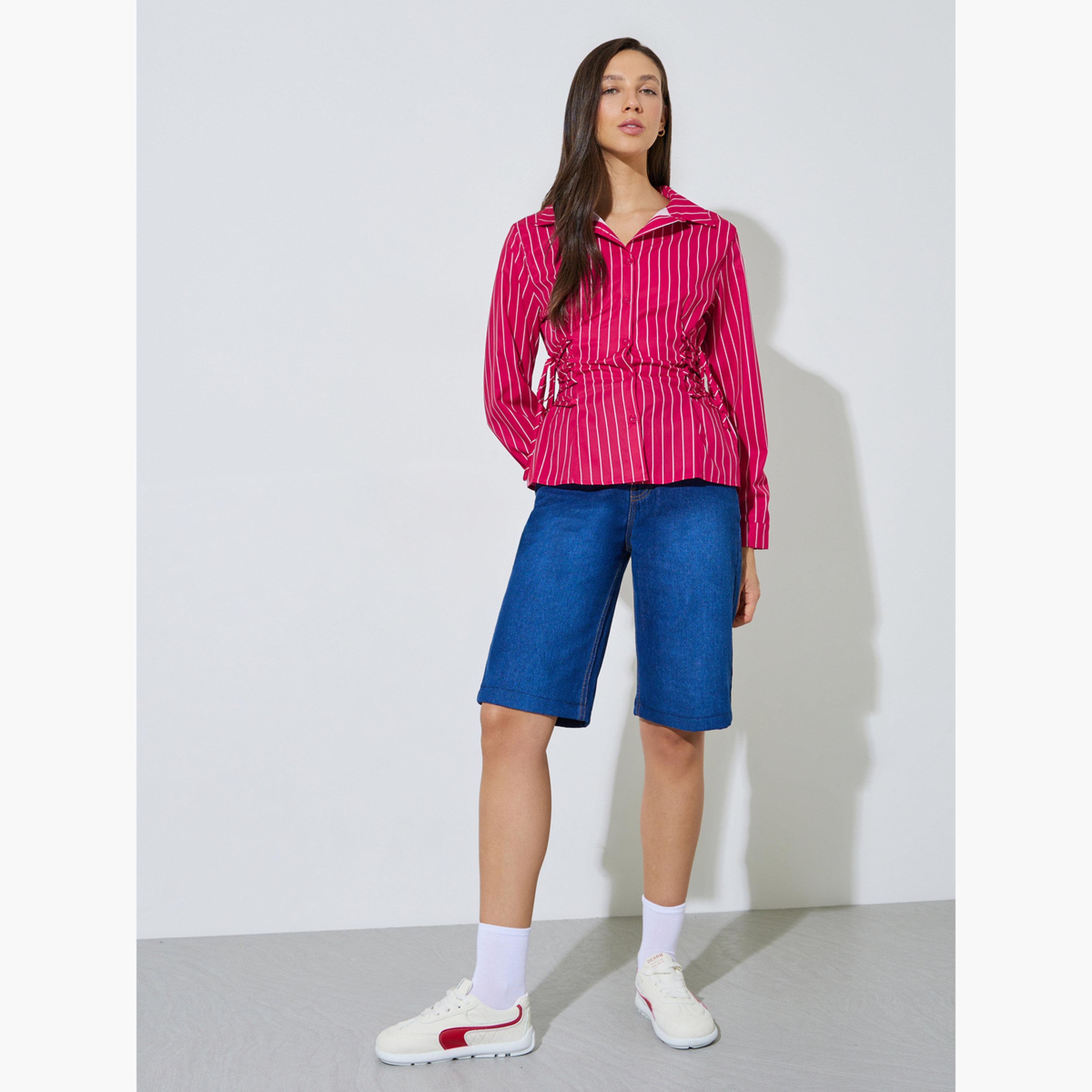 بلوزة بأكمام طويلة طويلة بنمط مخطط وتفاصيل رباط جانبي-women-clothing-shirtsandblouses-shirts-image-2