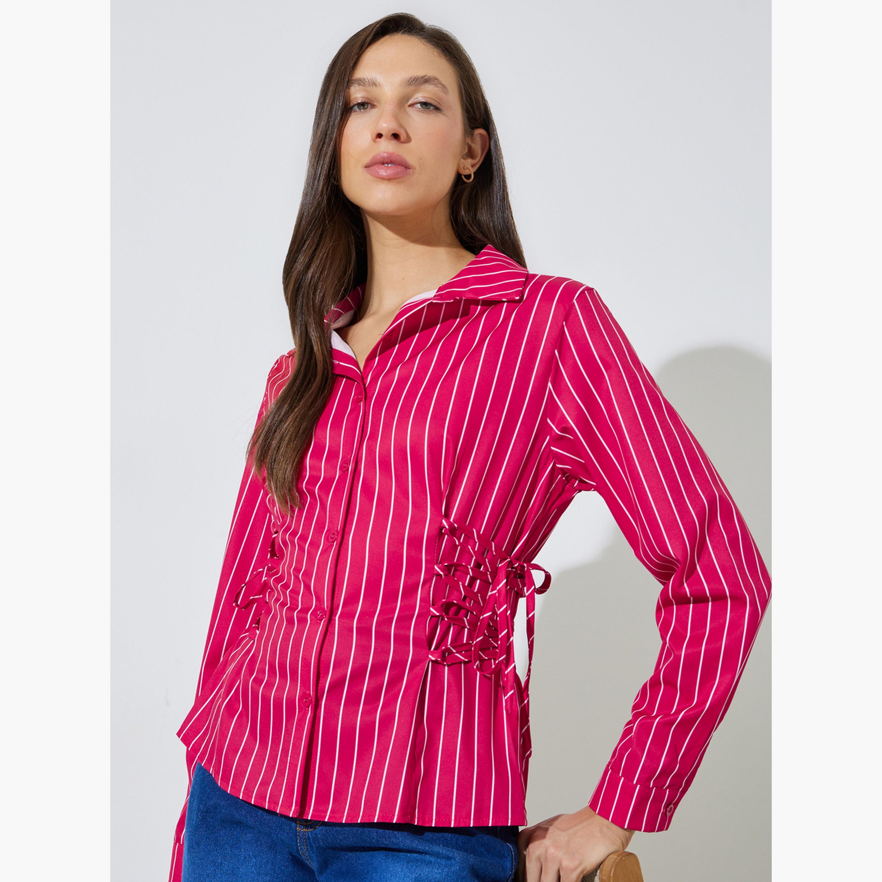 بلوزة بأكمام طويلة طويلة بنمط مخطط وتفاصيل رباط جانبي-women-clothing-shirtsandblouses-shirts-image-3
