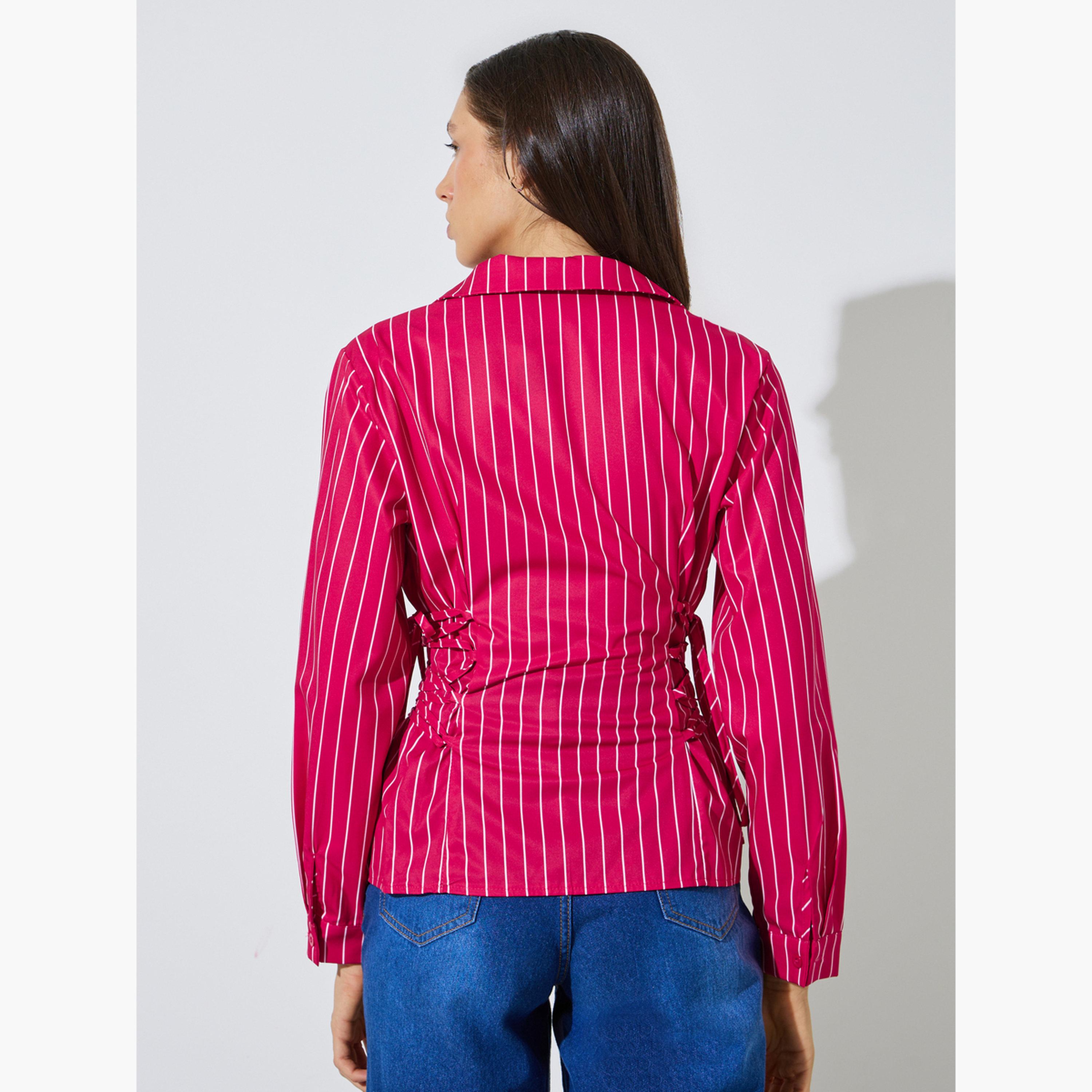 بلوزة بأكمام طويلة طويلة بنمط مخطط وتفاصيل رباط جانبي-women-clothing-shirtsandblouses-shirts-image-4