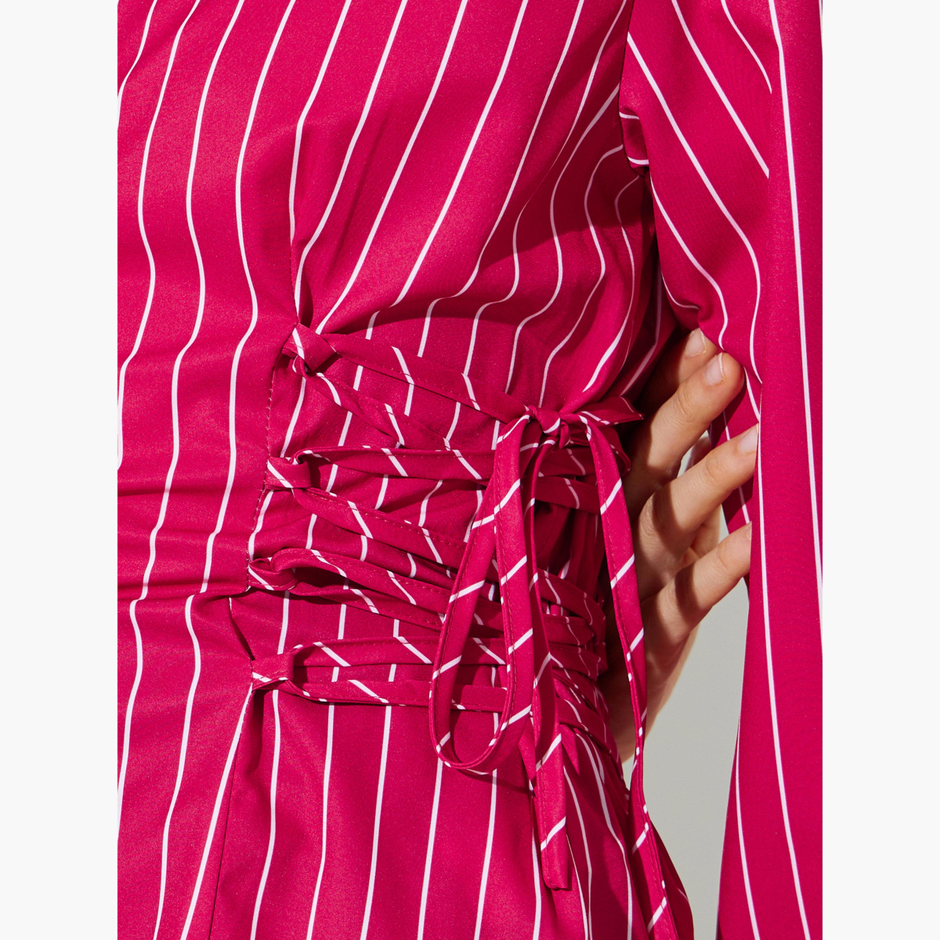 بلوزة بأكمام طويلة طويلة بنمط مخطط وتفاصيل رباط جانبي-women-clothing-shirtsandblouses-shirts-image-5