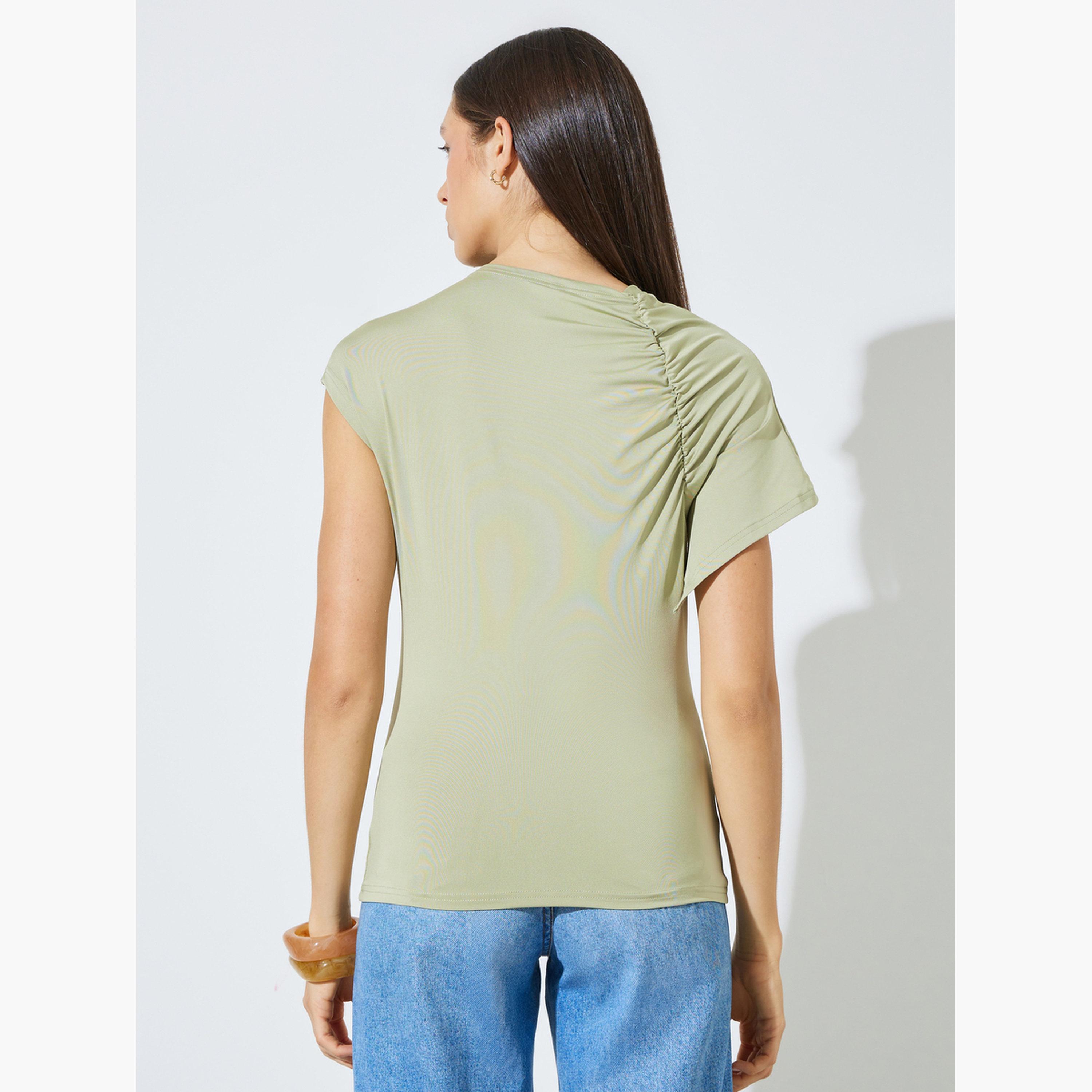 بلوزة محبوكة ضيقة بأكمام قصيرة وتفاصيل مزمومة-women-clothing-shirtsandblouses-blouses-image-4