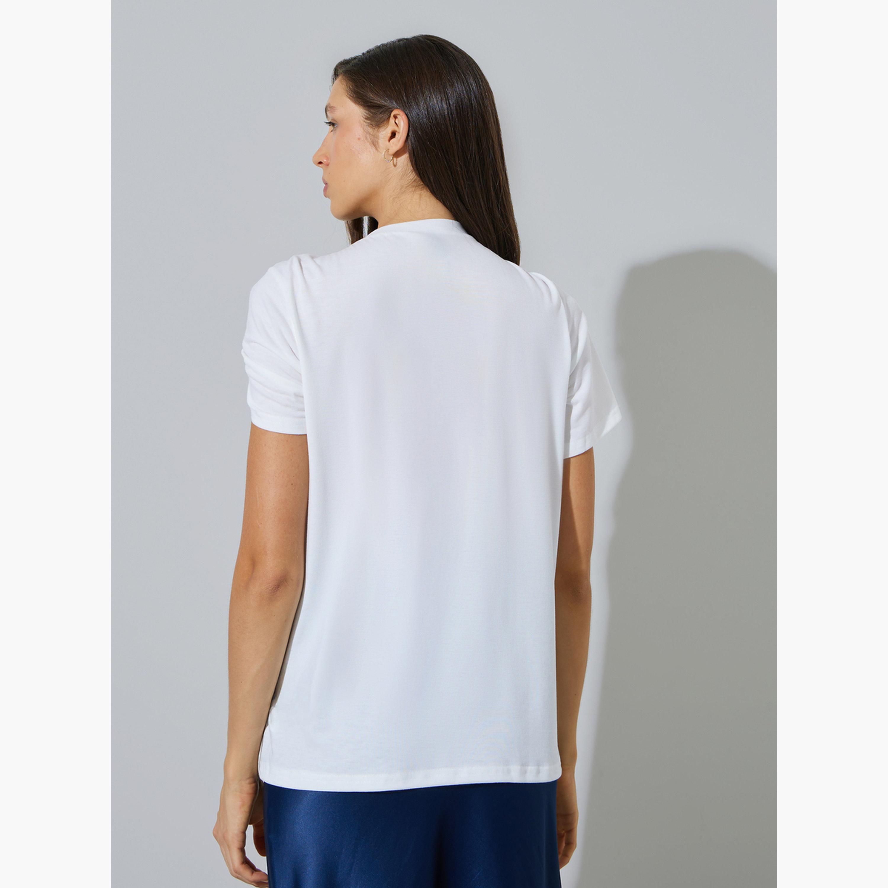 Styli White Short Sleeve Knit Top with Pin Detail-women-clothing-shirtsandblouses-blouses-image-4