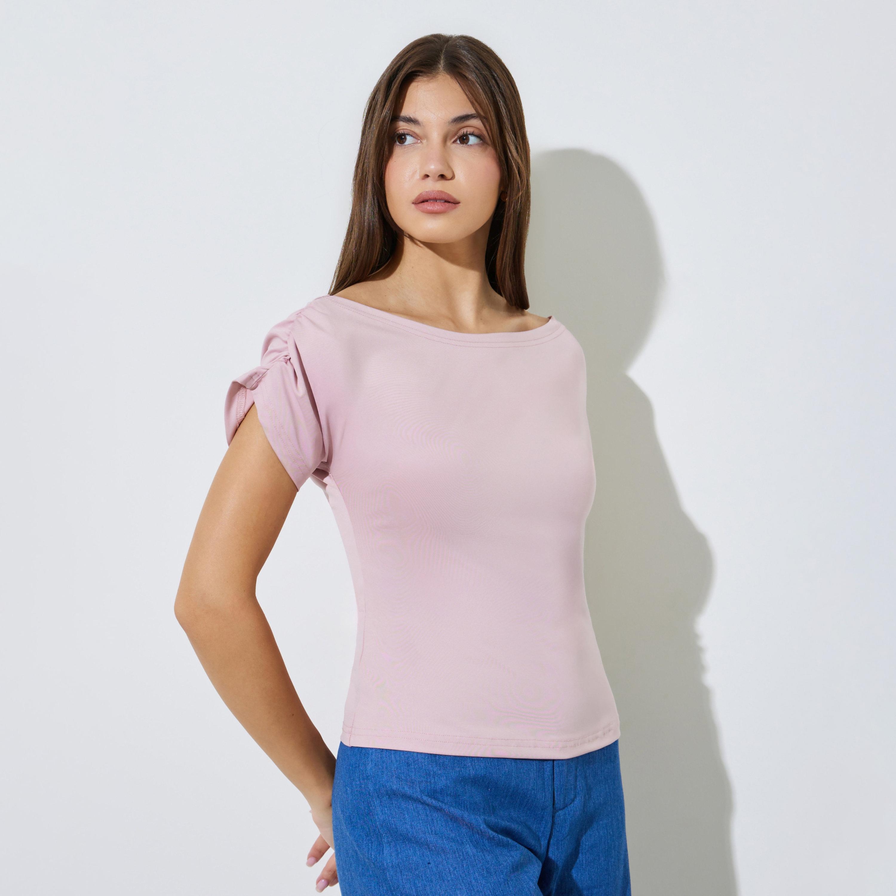 Styli Pink Solid Ruched Sleeves Knit Top-women-clothing-shirtsandblouses-blouses-image-1