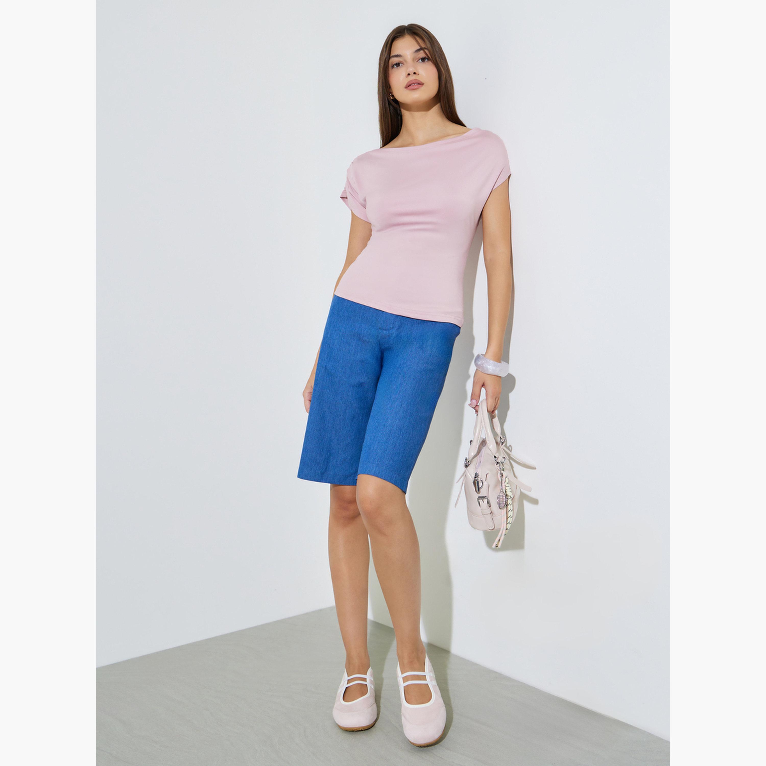 Styli Pink Solid Ruched Sleeves Knit Top-women-clothing-shirtsandblouses-blouses-image-2