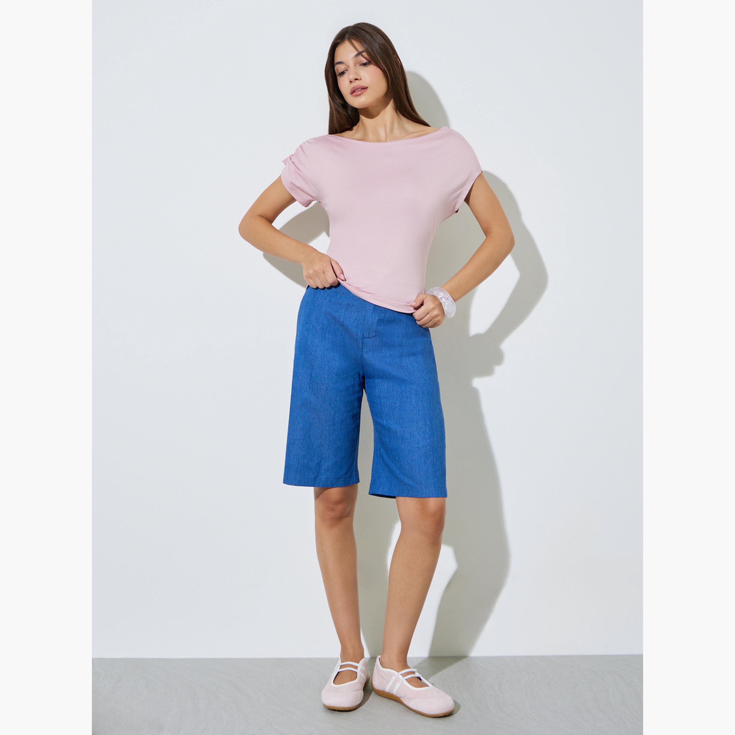 Styli Pink Solid Ruched Sleeves Knit Top-women-clothing-shirtsandblouses-blouses-image-4