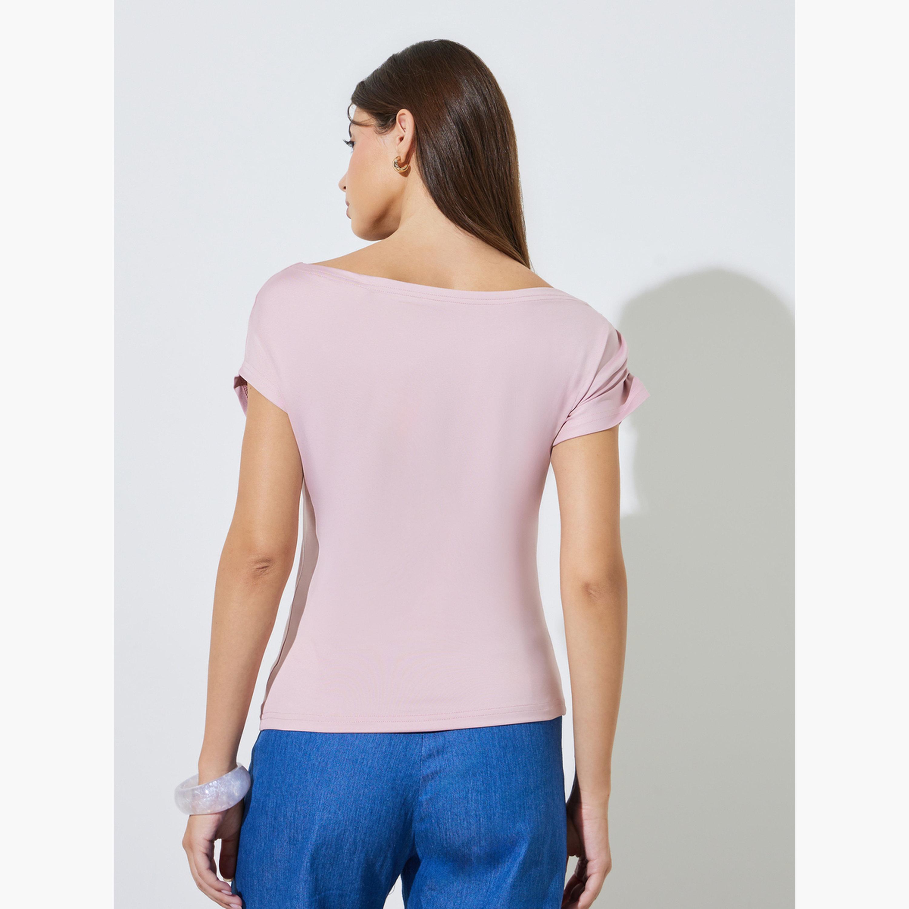 Styli Pink Solid Ruched Sleeves Knit Top-women-clothing-shirtsandblouses-blouses-image-5