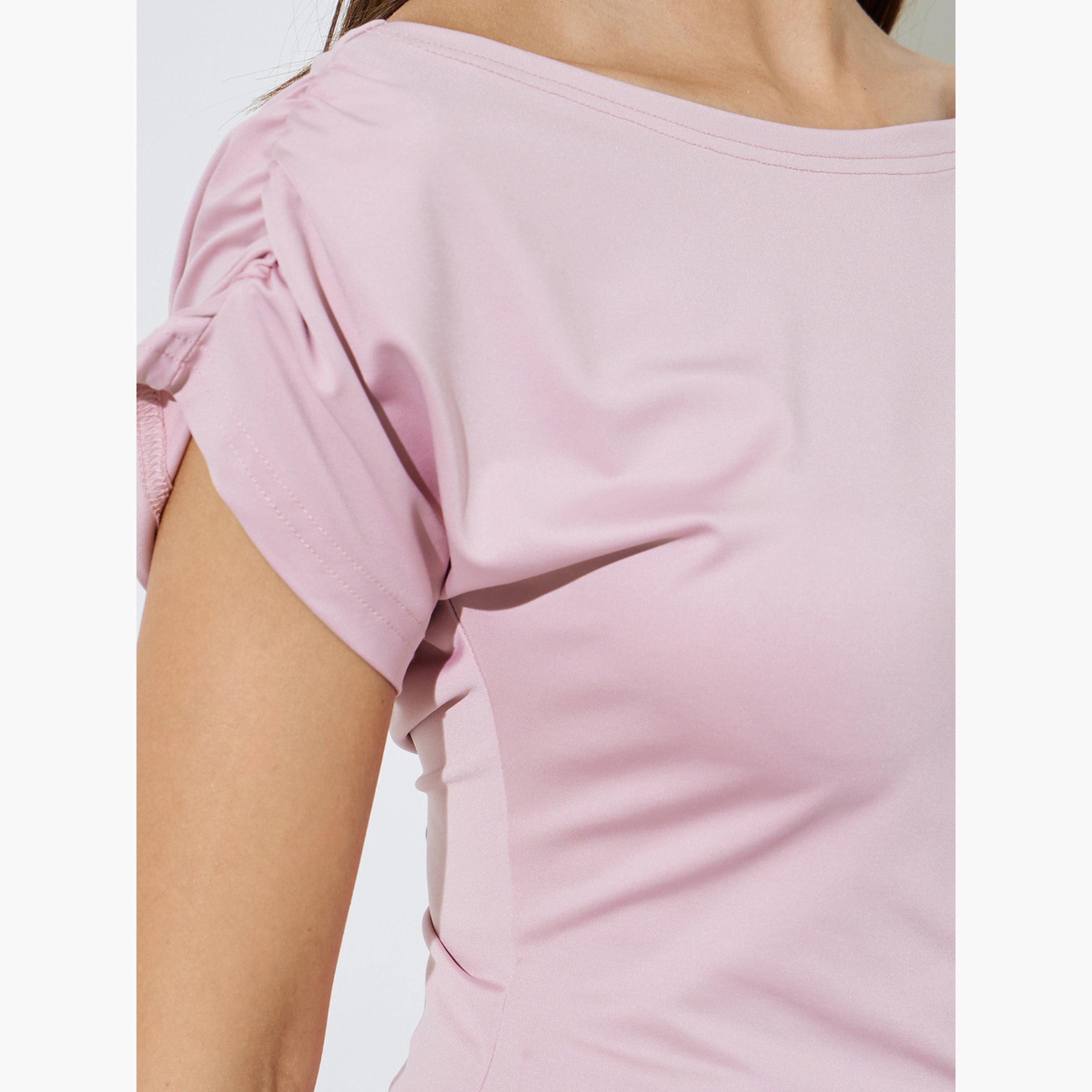 Styli Pink Solid Ruched Sleeves Knit Top-women-clothing-shirtsandblouses-blouses-image-6