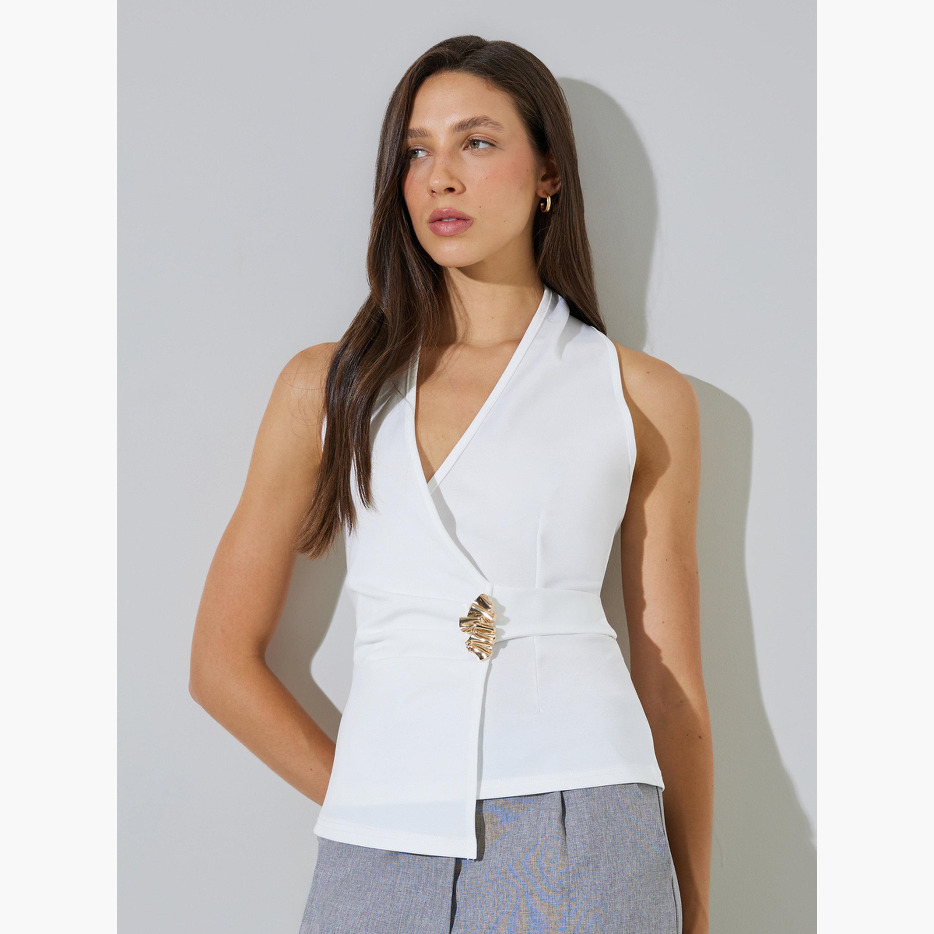 Styli White Buckle Detail Sleeveless Wrap Top-women-clothing-shirtsandblouses-blouses-image-1