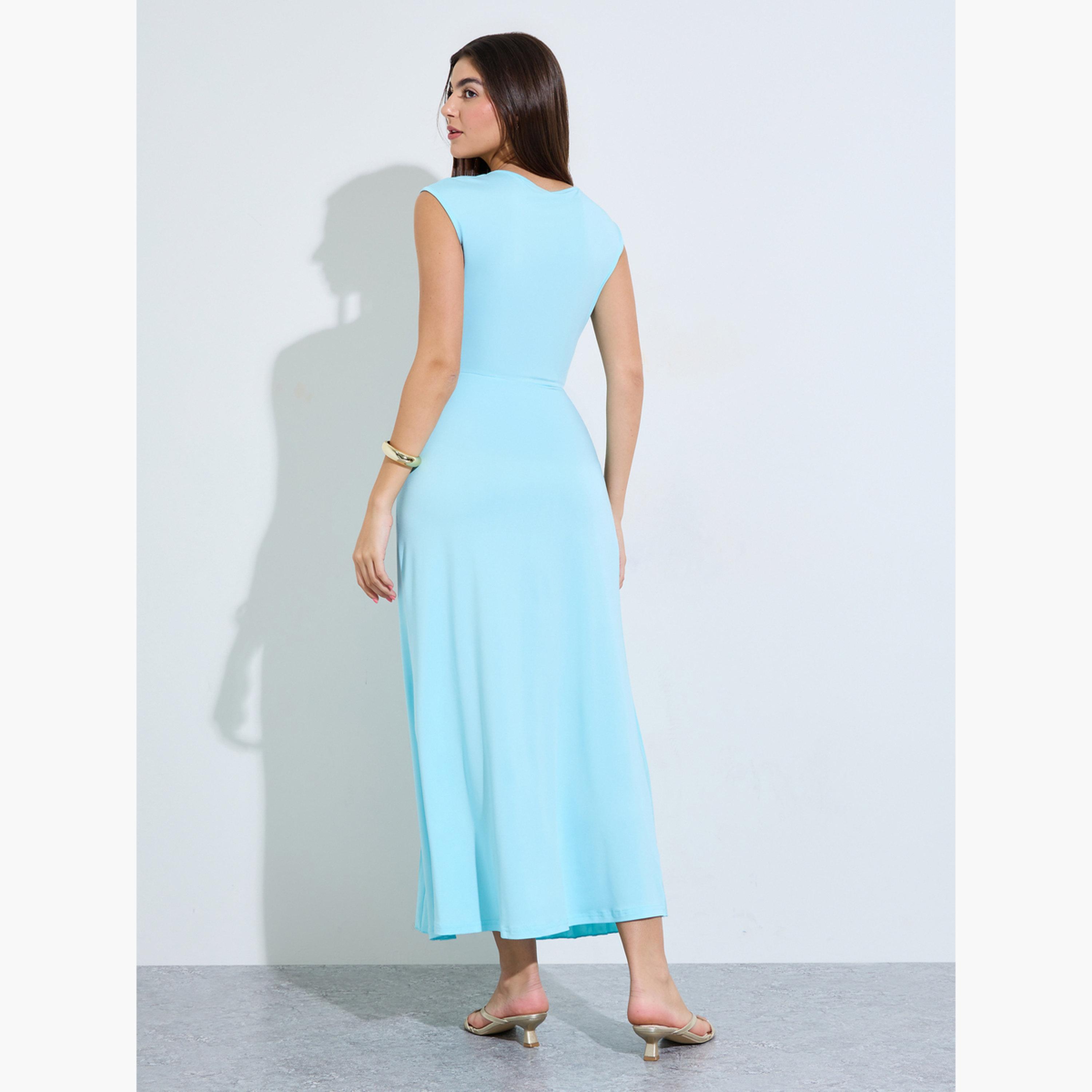 Styli Blue Solid Pleated A-Line Maxi Dress-women-clothing-dresses-image-4