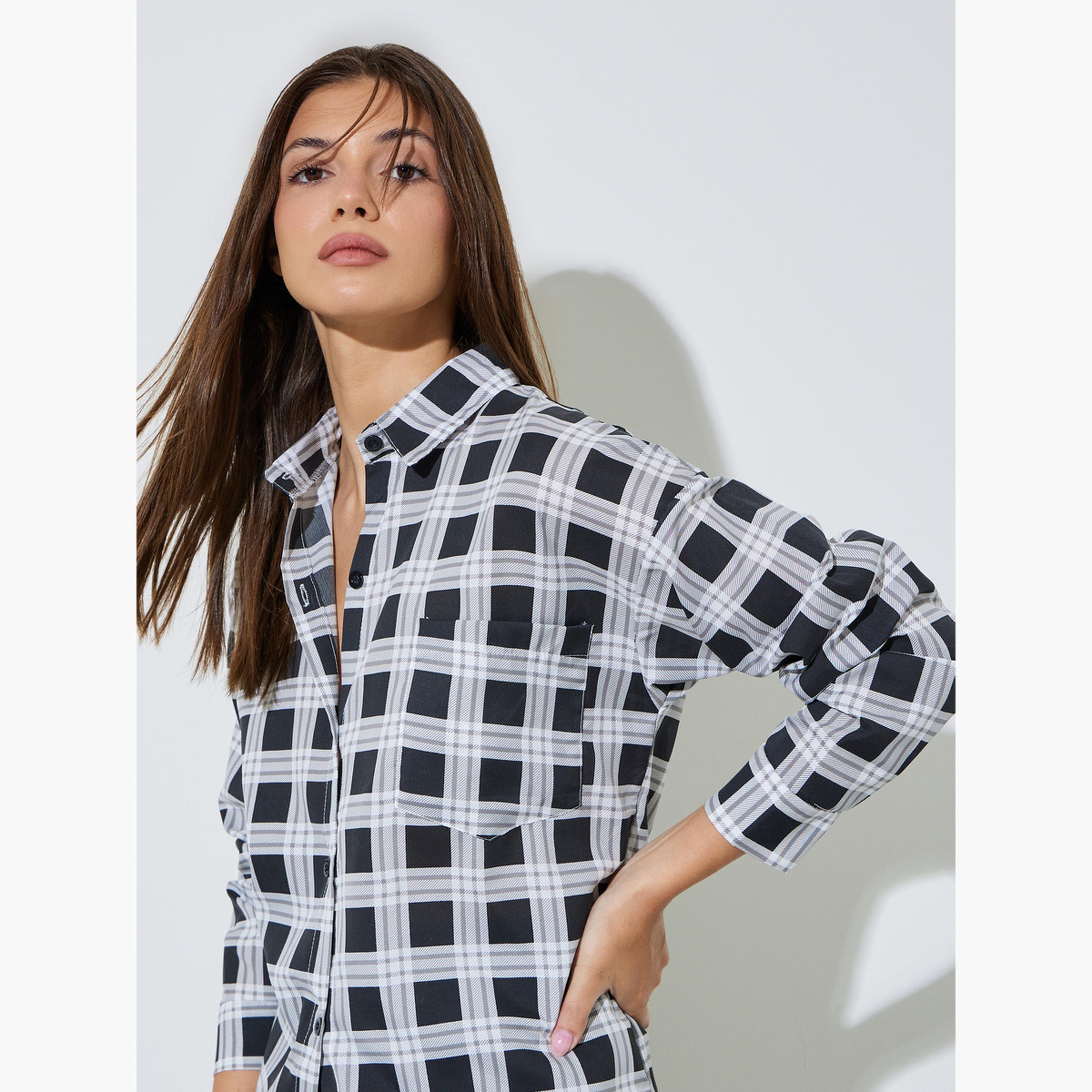 Styli Black Plaid Longline Shirt-women-clothing-shirtsandblouses-shirts-image-3