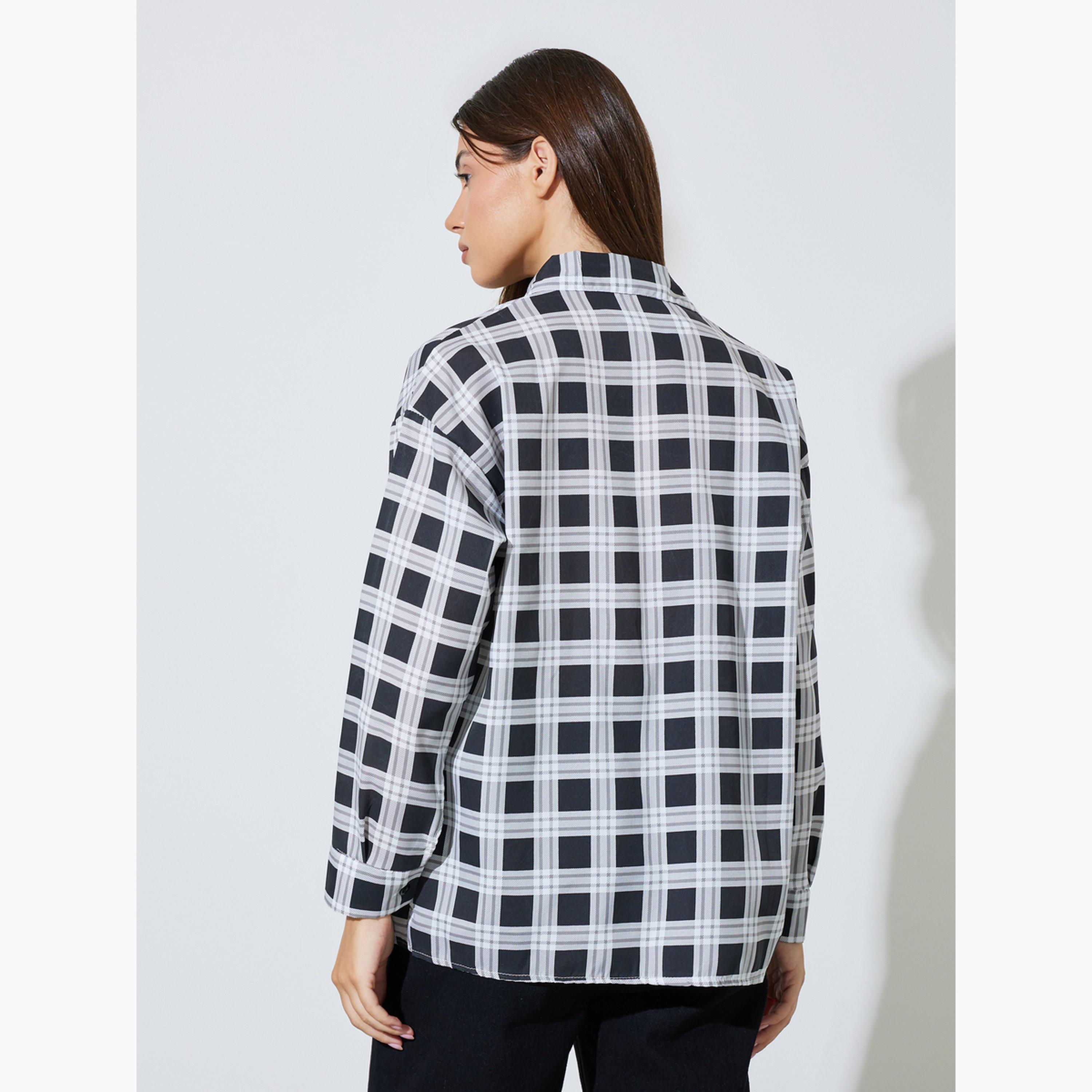 Styli Black Plaid Longline Shirt-women-clothing-shirtsandblouses-shirts-image-4