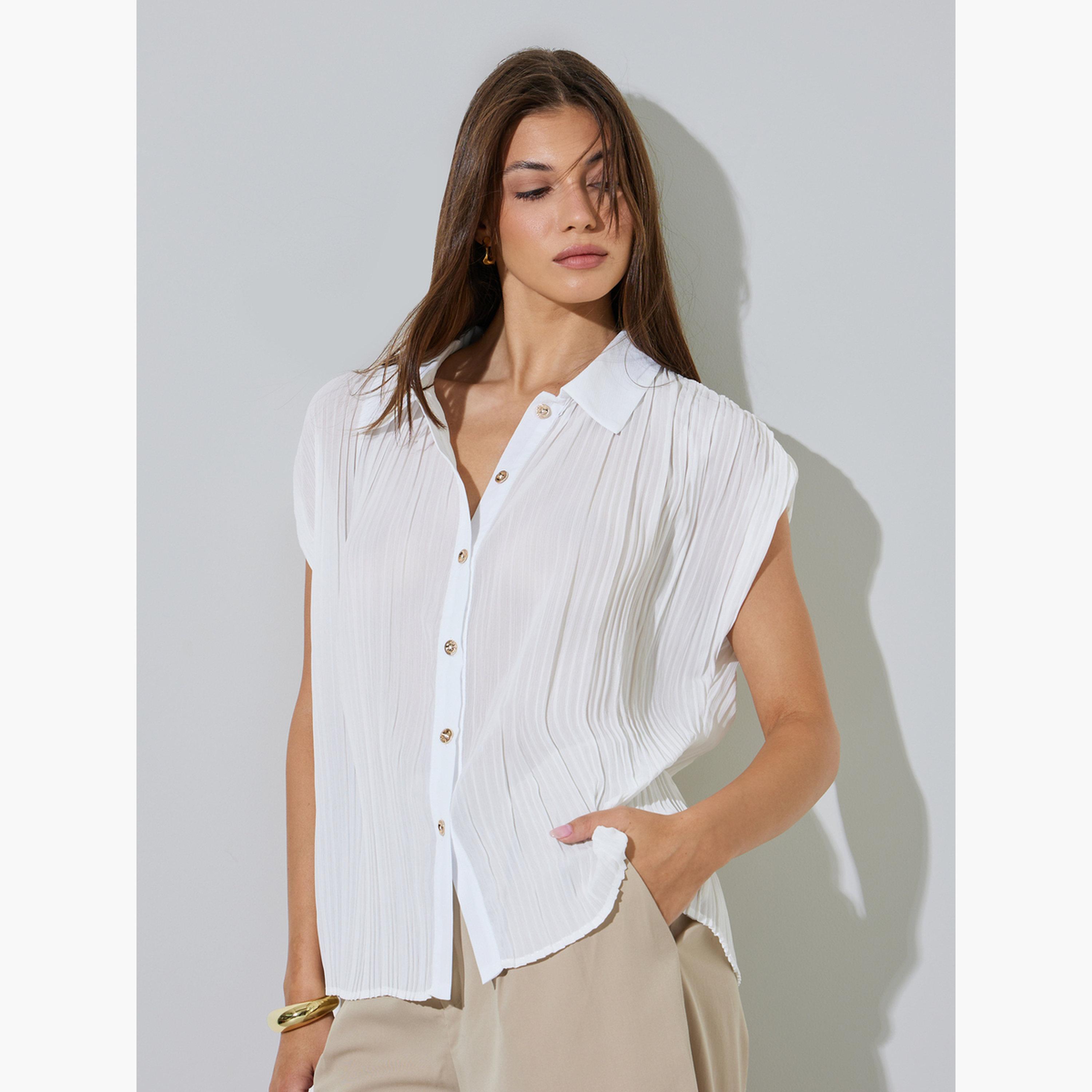 Styli White Textured Short Sleeve Shirt-women-clothing-shirtsandblouses-shirts-image-1