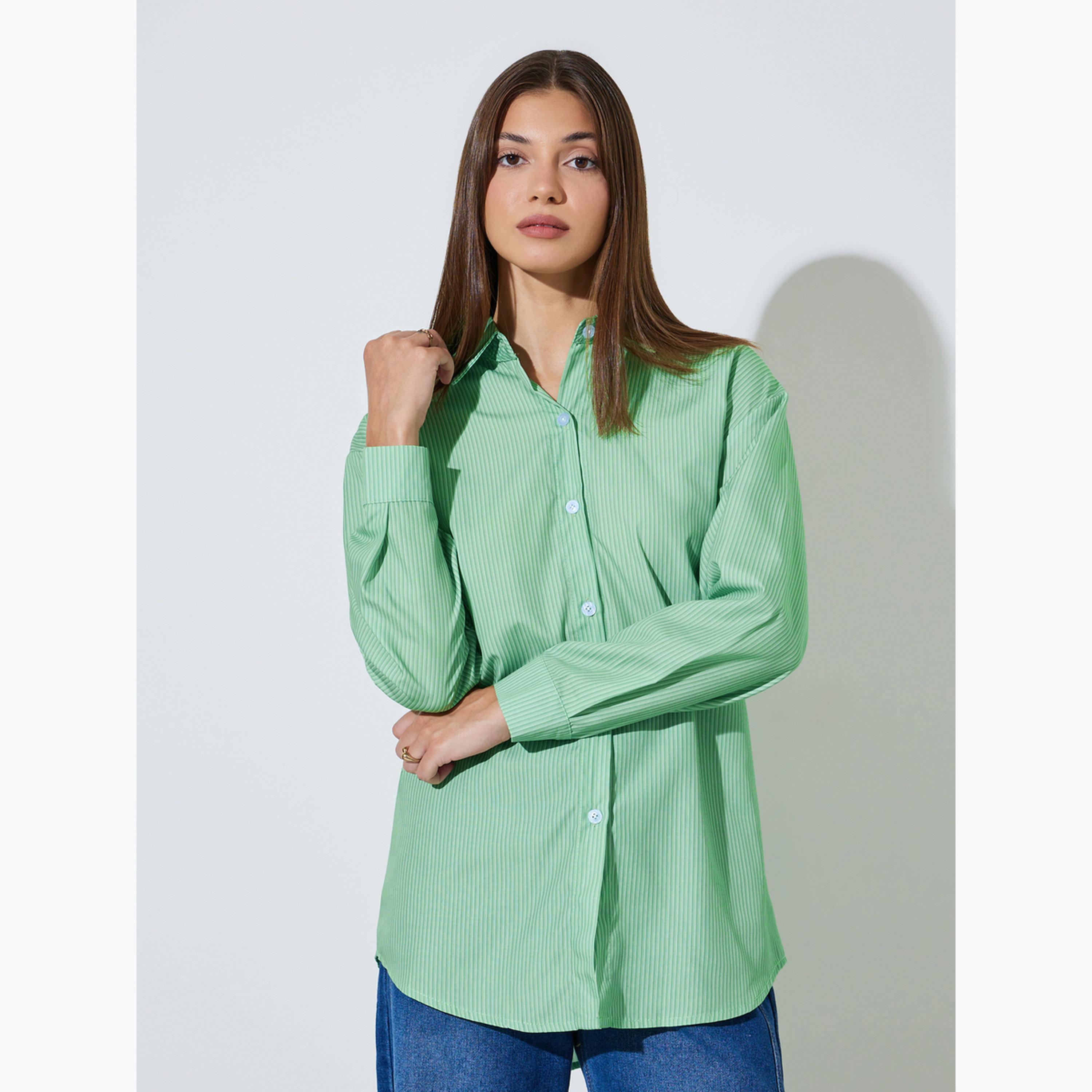 Styli Green Striped Longline Shirt-women-clothing-shirtsandblouses-shirts-image-3