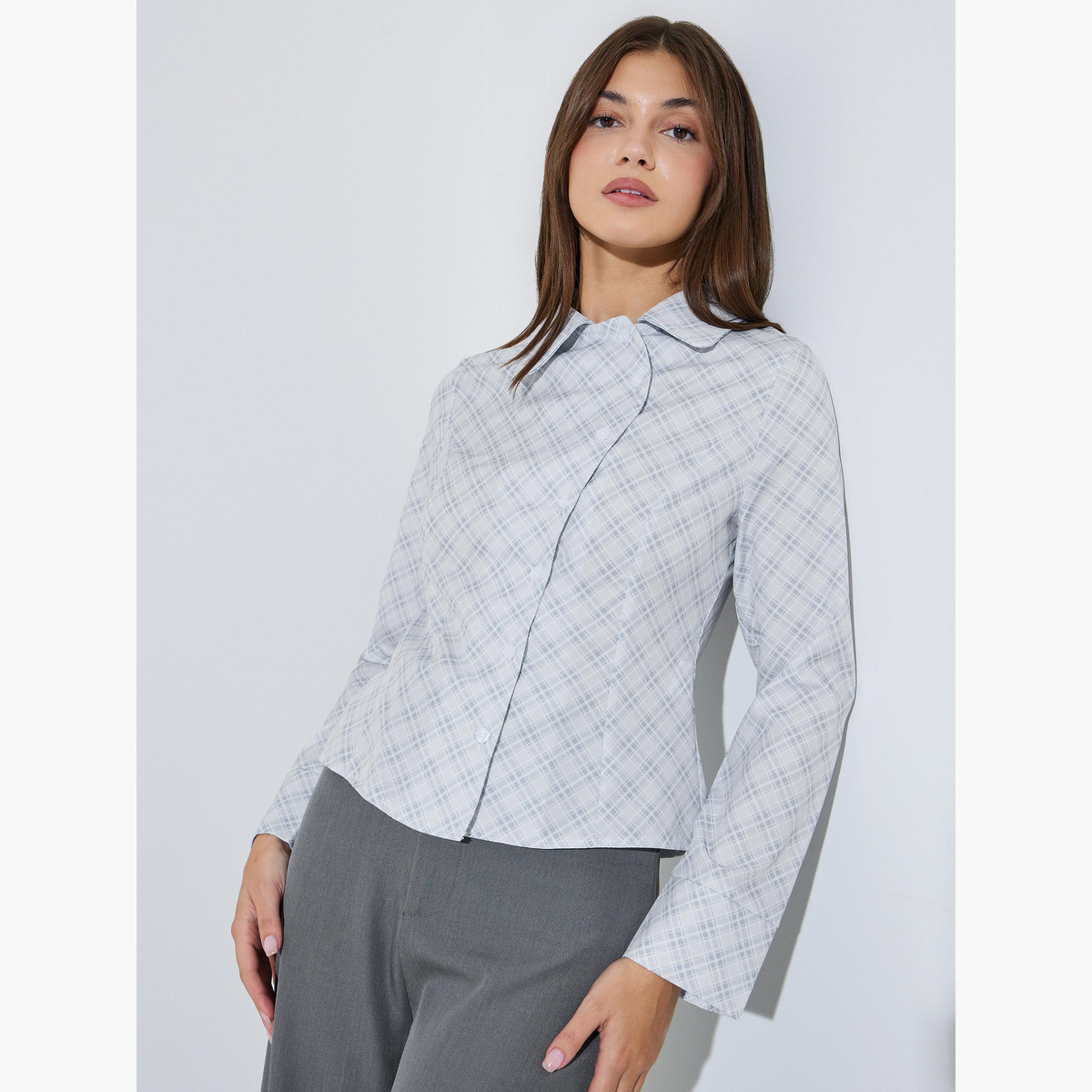 Styli Grey Checked Button-Up Shirt-women-clothing-shirtsandblouses-shirts-image-1