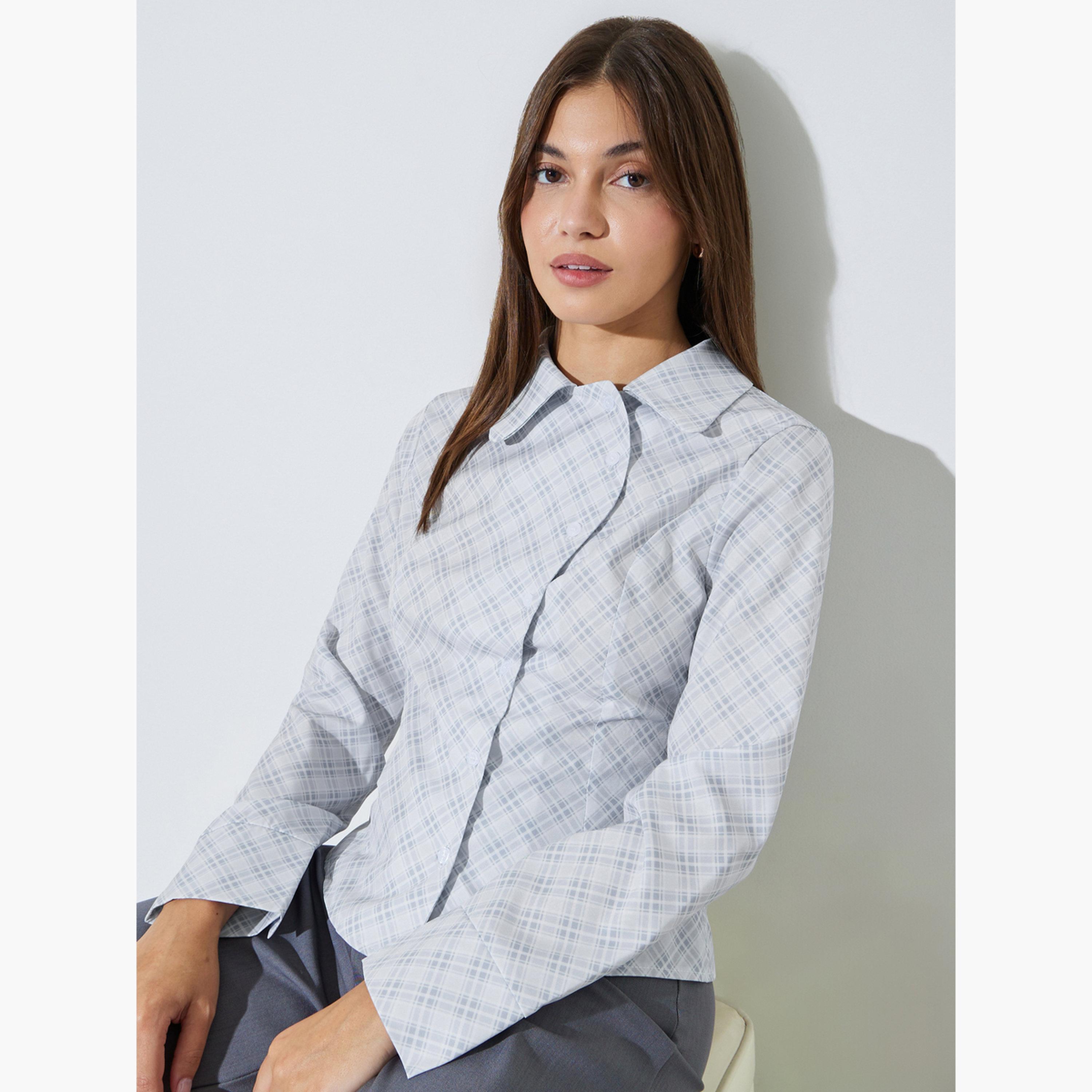 Styli Grey Checked Button-Up Shirt-women-clothing-shirtsandblouses-shirts-image-3