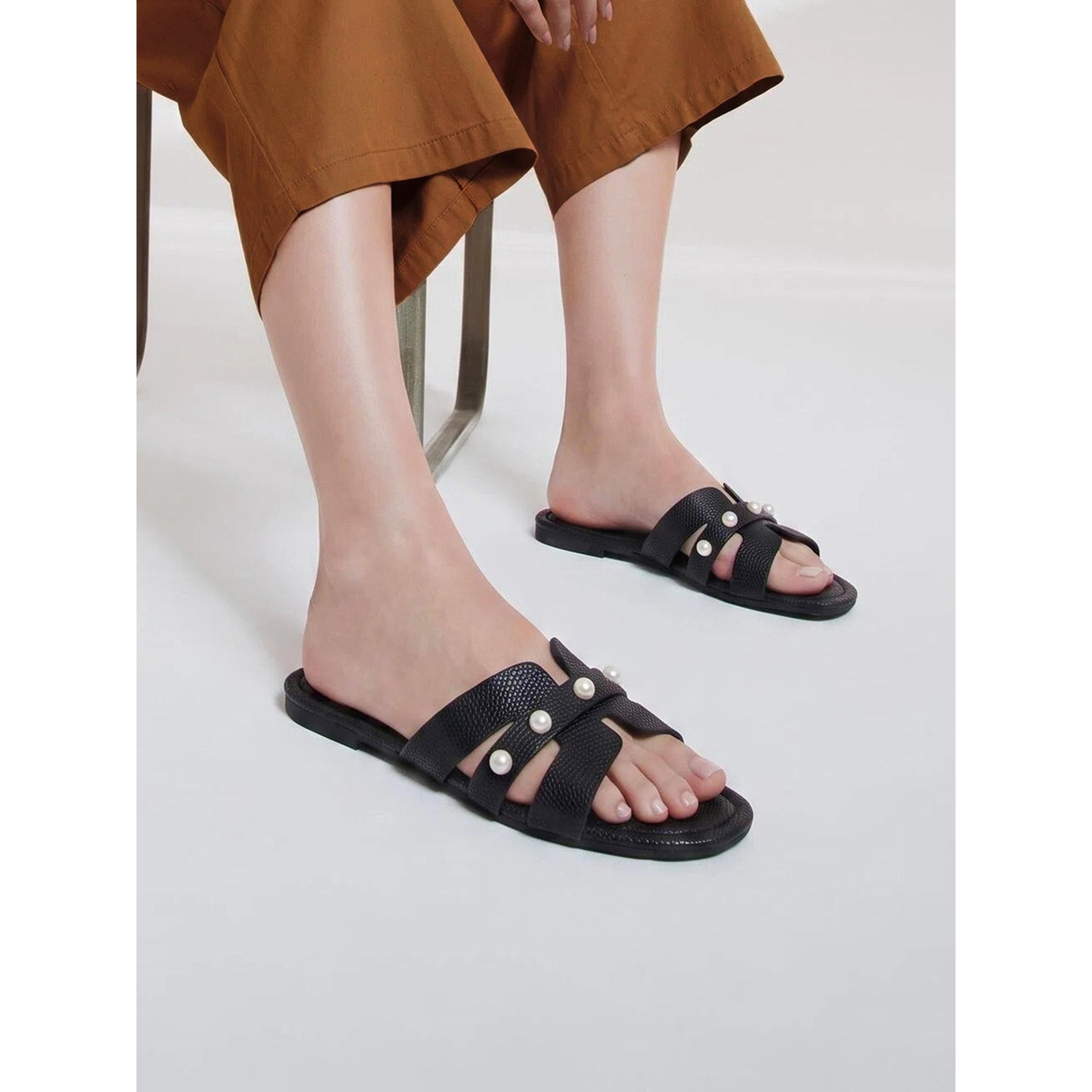 Take Two Black Pearl Embellished Flat Sandals-women-shoes-sandals-flats-image-2