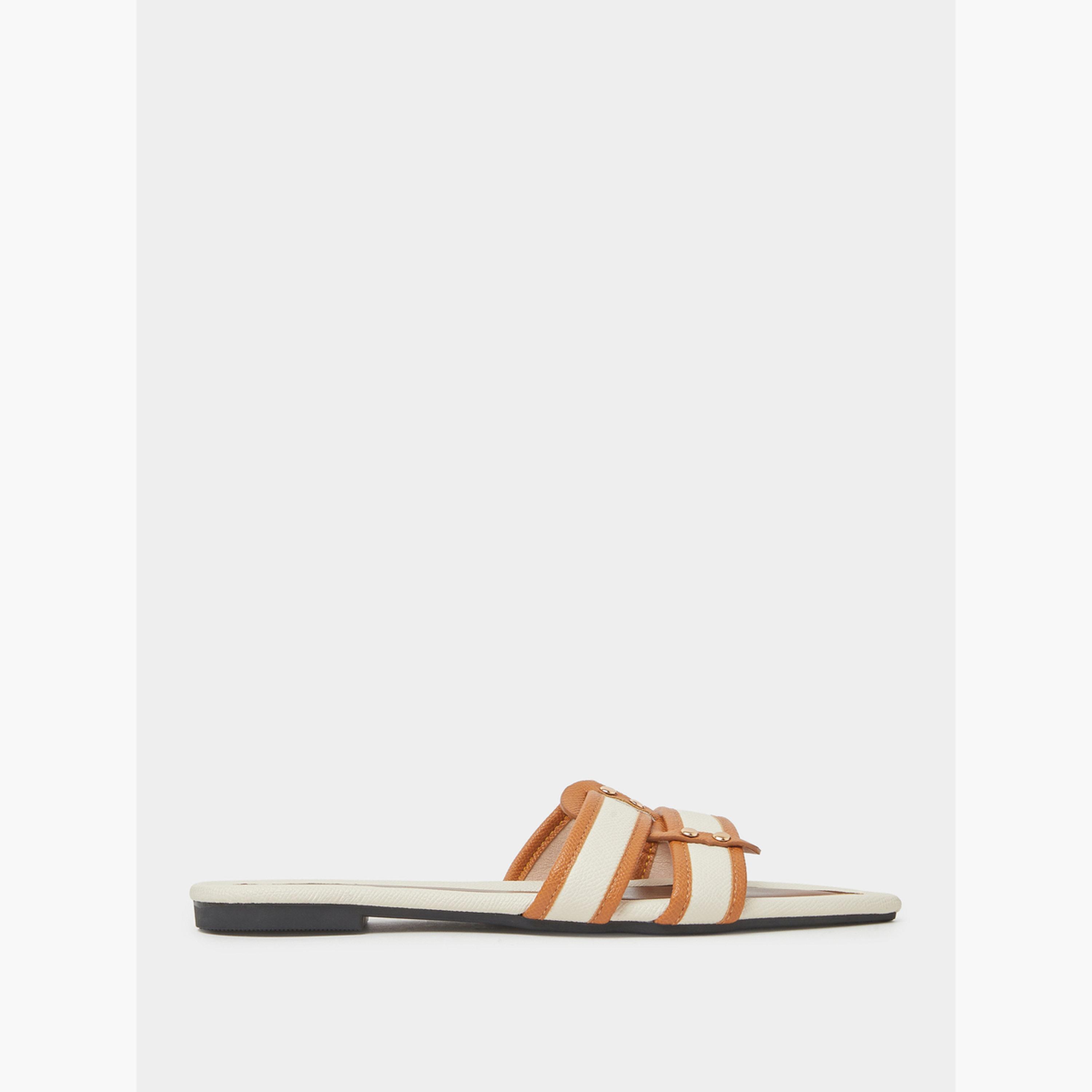 صندل بني بمقدمة مدببة ونمط كتل الألوان-women-shoes-sandals-flats-image-3