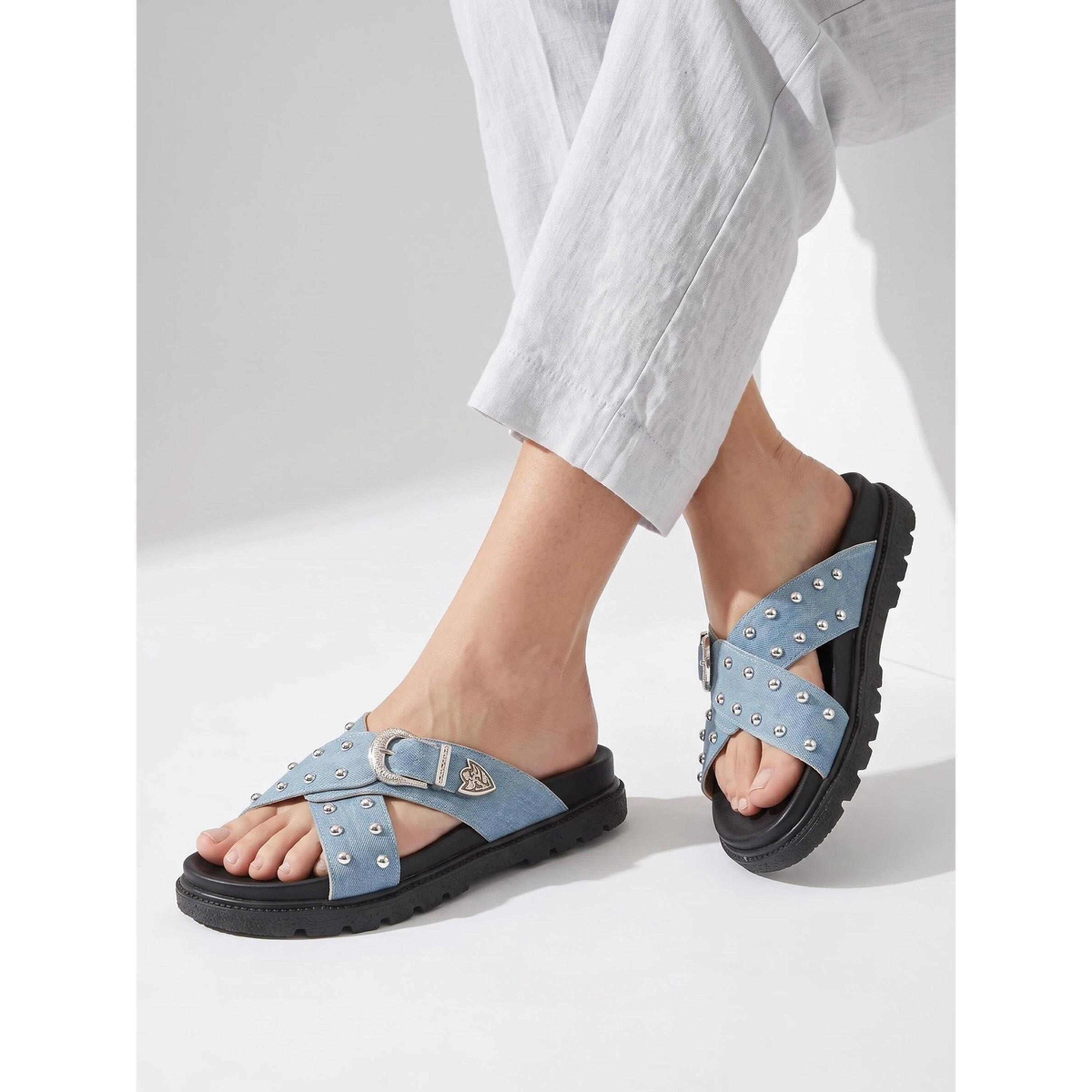 Take Two Blue Studded Strap Flatform Sandals-women-shoes-sandals-flats-image-2