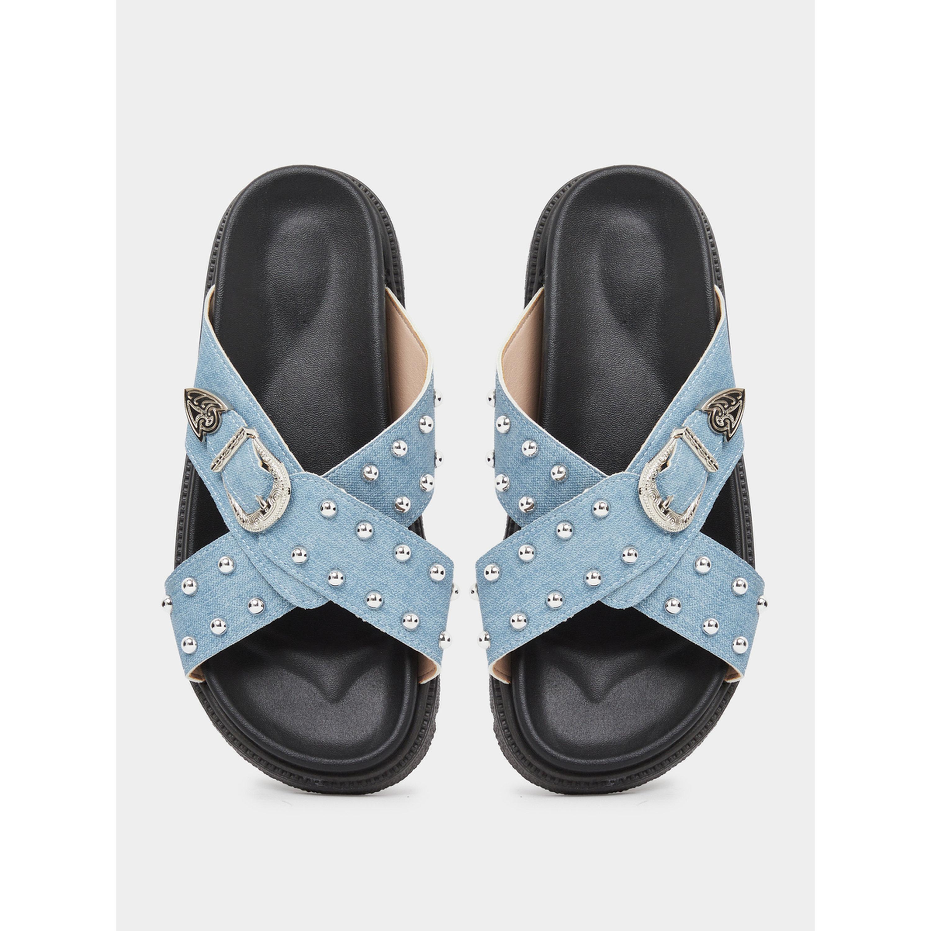 Take Two Blue Studded Strap Flatform Sandals-women-shoes-sandals-flats-image-4