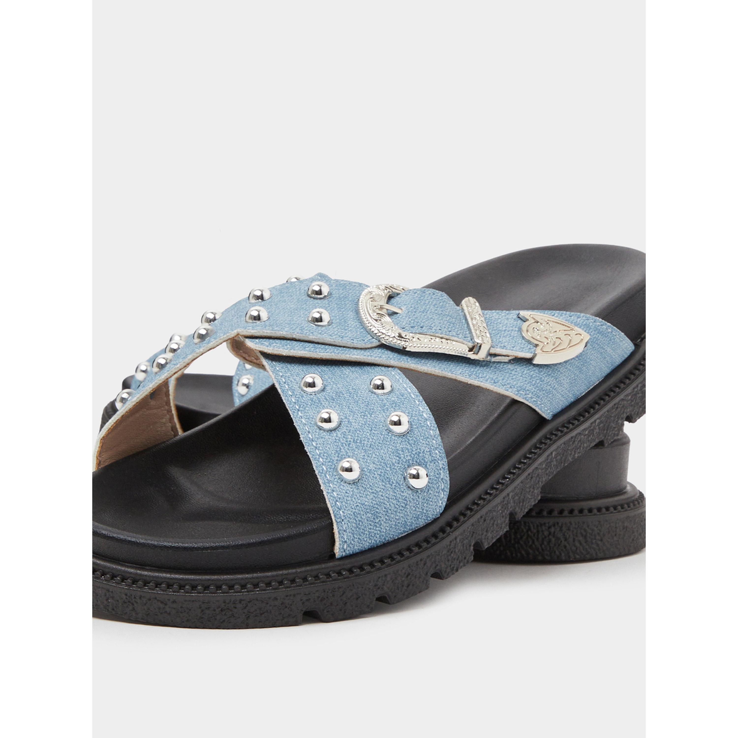 Take Two Blue Studded Strap Flatform Sandals-women-shoes-sandals-flats-image-5
