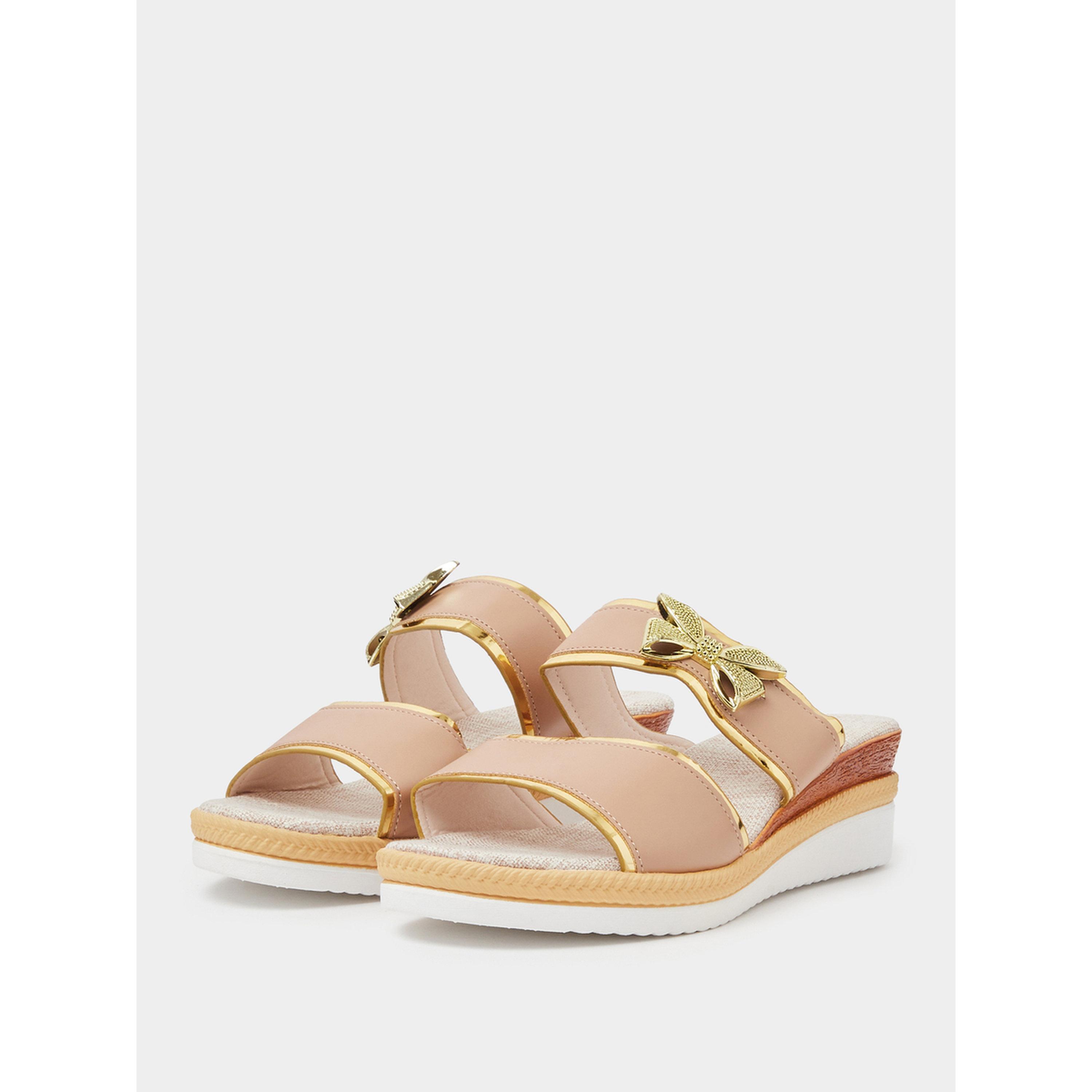 Take Two Beige Wedge Sandals with Golden Butterfly Detail-women-shoes-sandals-heeled-image-1