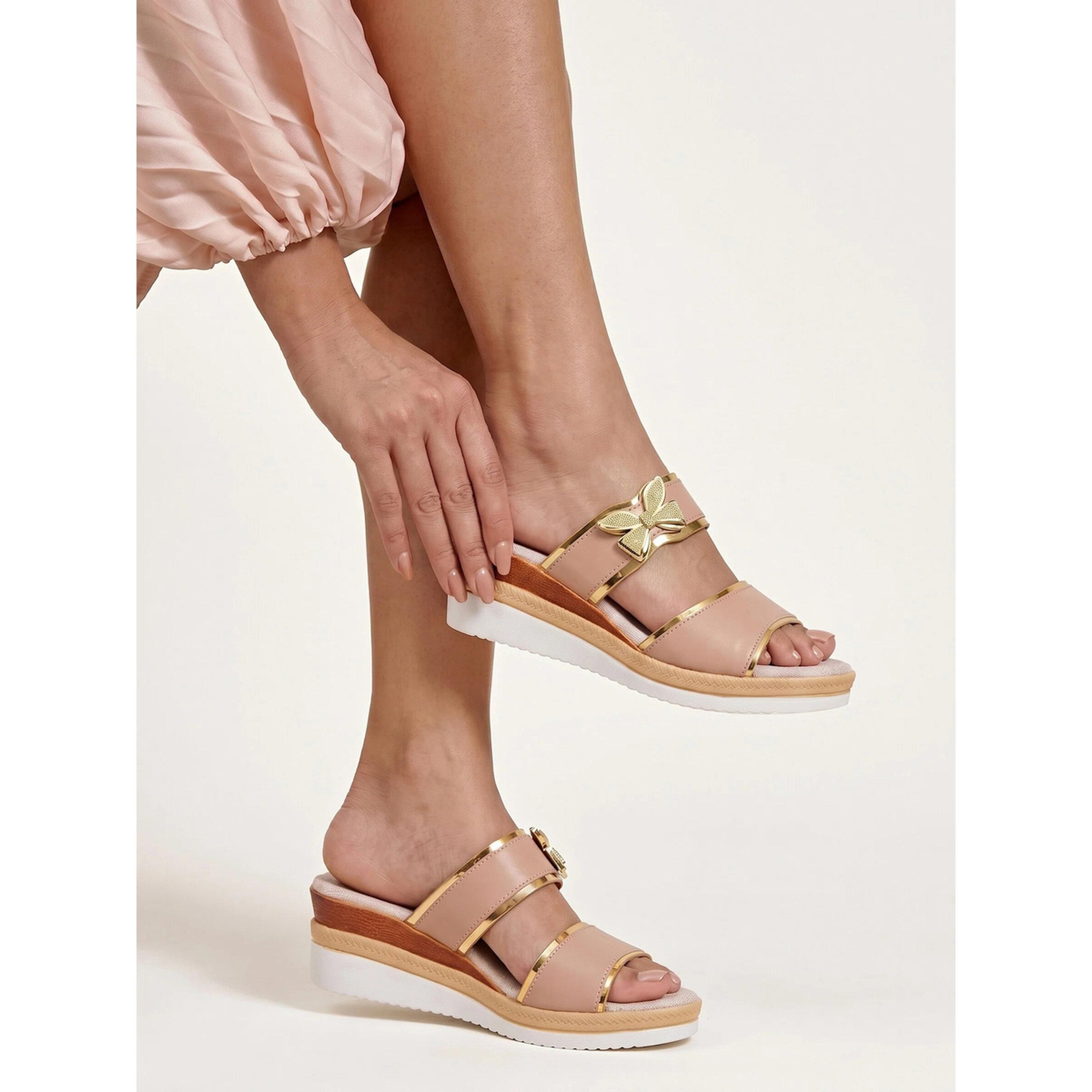 Take Two Beige Wedge Sandals with Golden Butterfly Detail-women-shoes-sandals-heeled-image-2