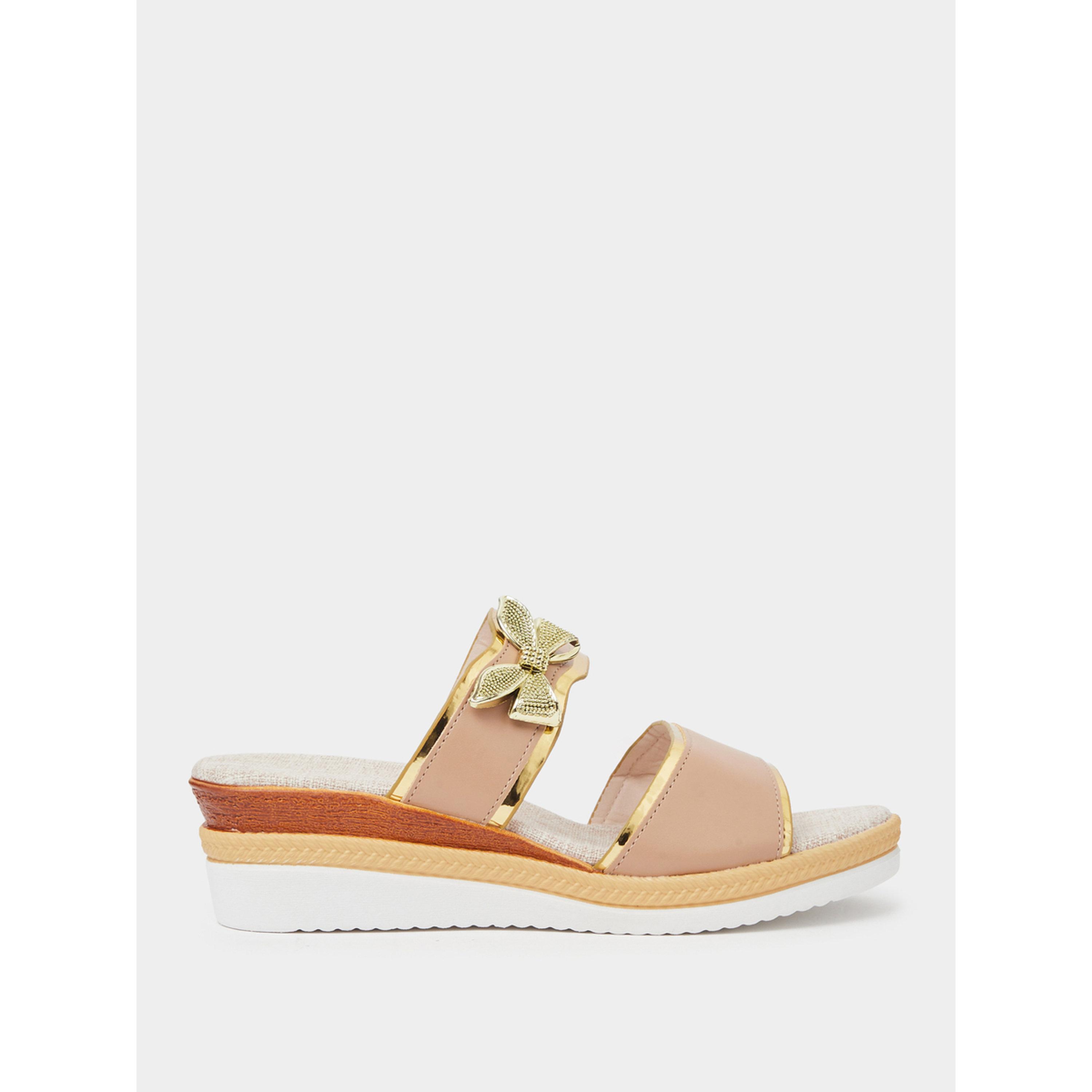 Take Two Beige Wedge Sandals with Golden Butterfly Detail-women-shoes-sandals-heeled-image-3