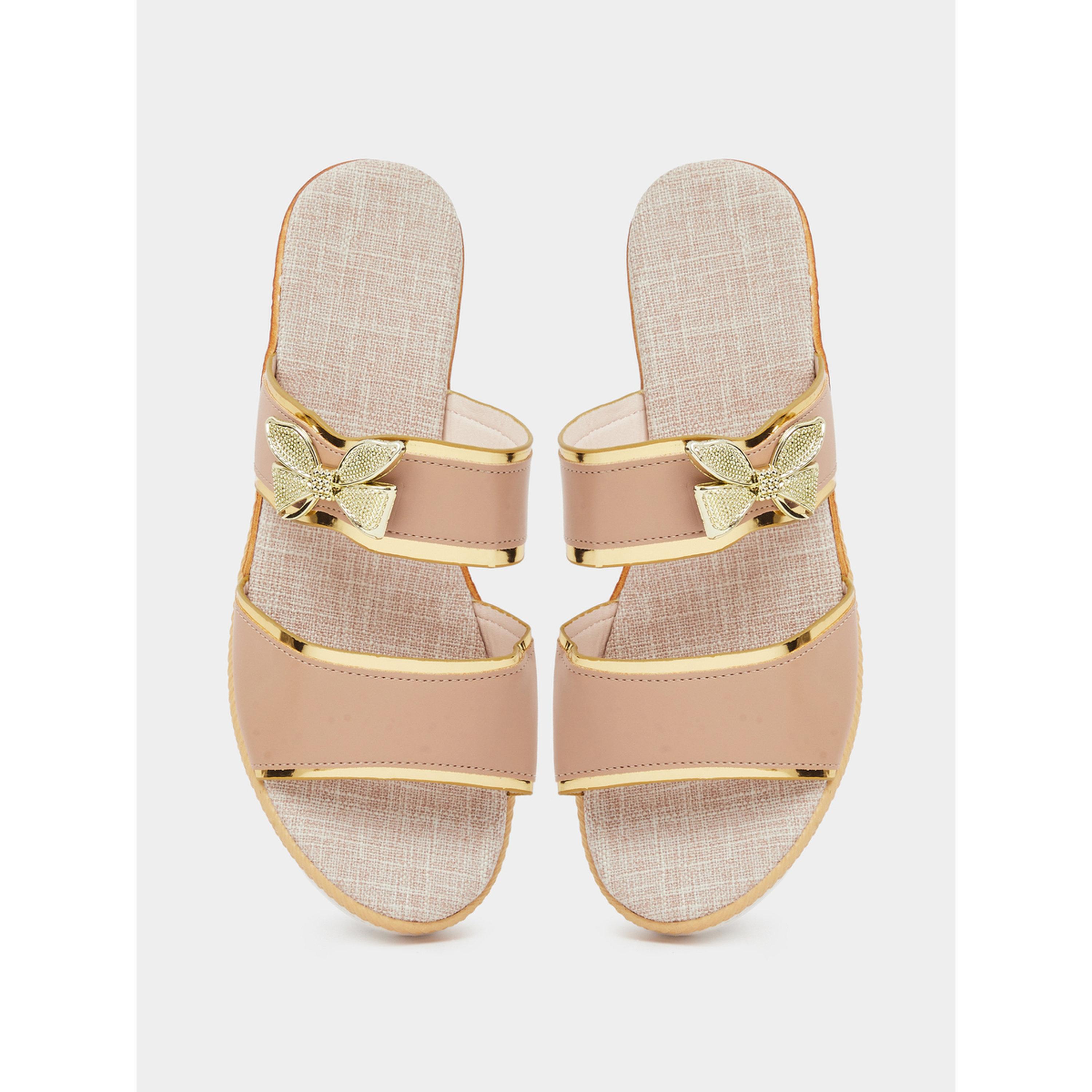 Take Two Beige Wedge Sandals with Golden Butterfly Detail-women-shoes-sandals-heeled-image-4
