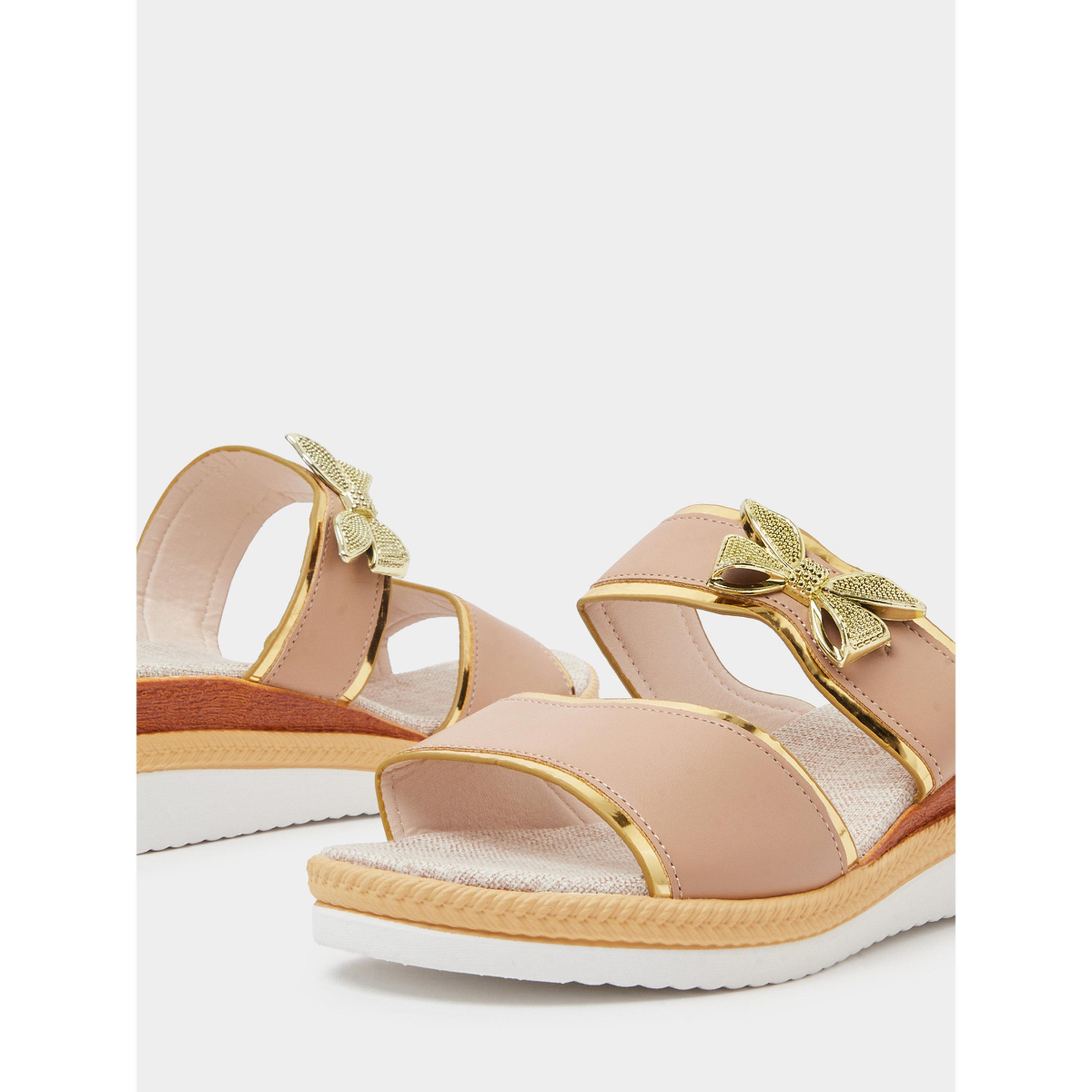 Take Two Beige Wedge Sandals with Golden Butterfly Detail-women-shoes-sandals-heeled-image-5