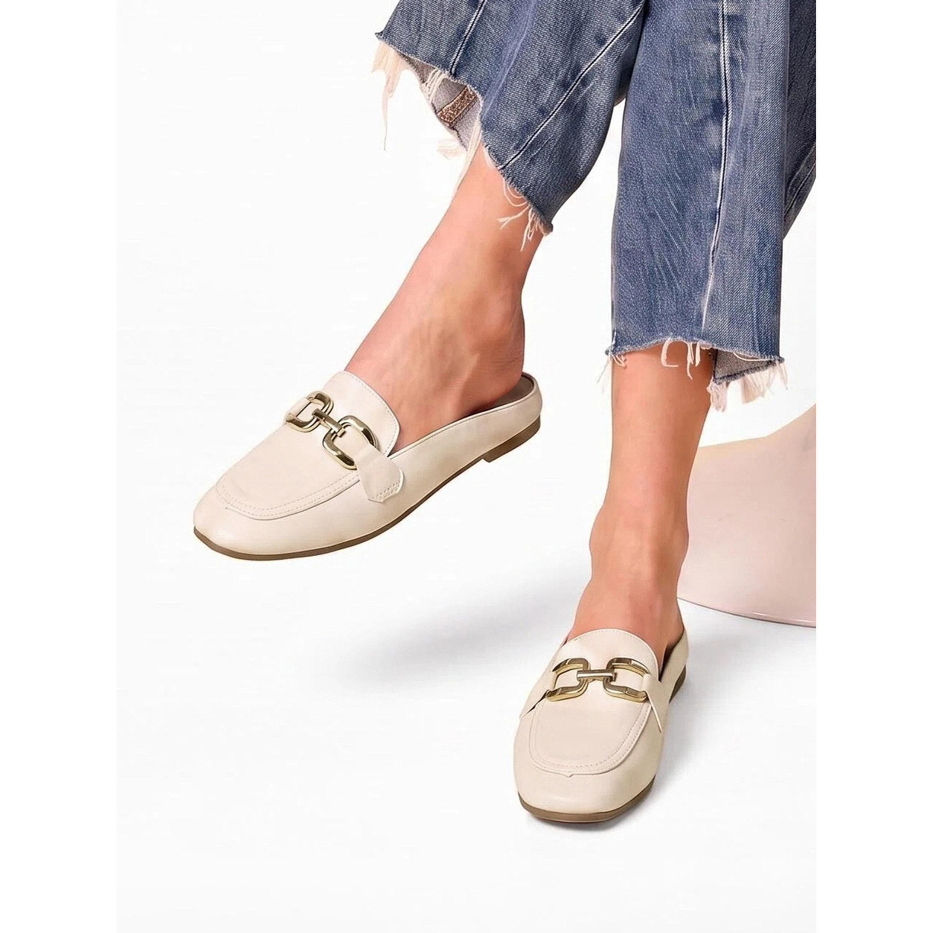 Take Two Beige Flat Mules with Gold Buckle Detail-women-shoes-flats-mules-image-2