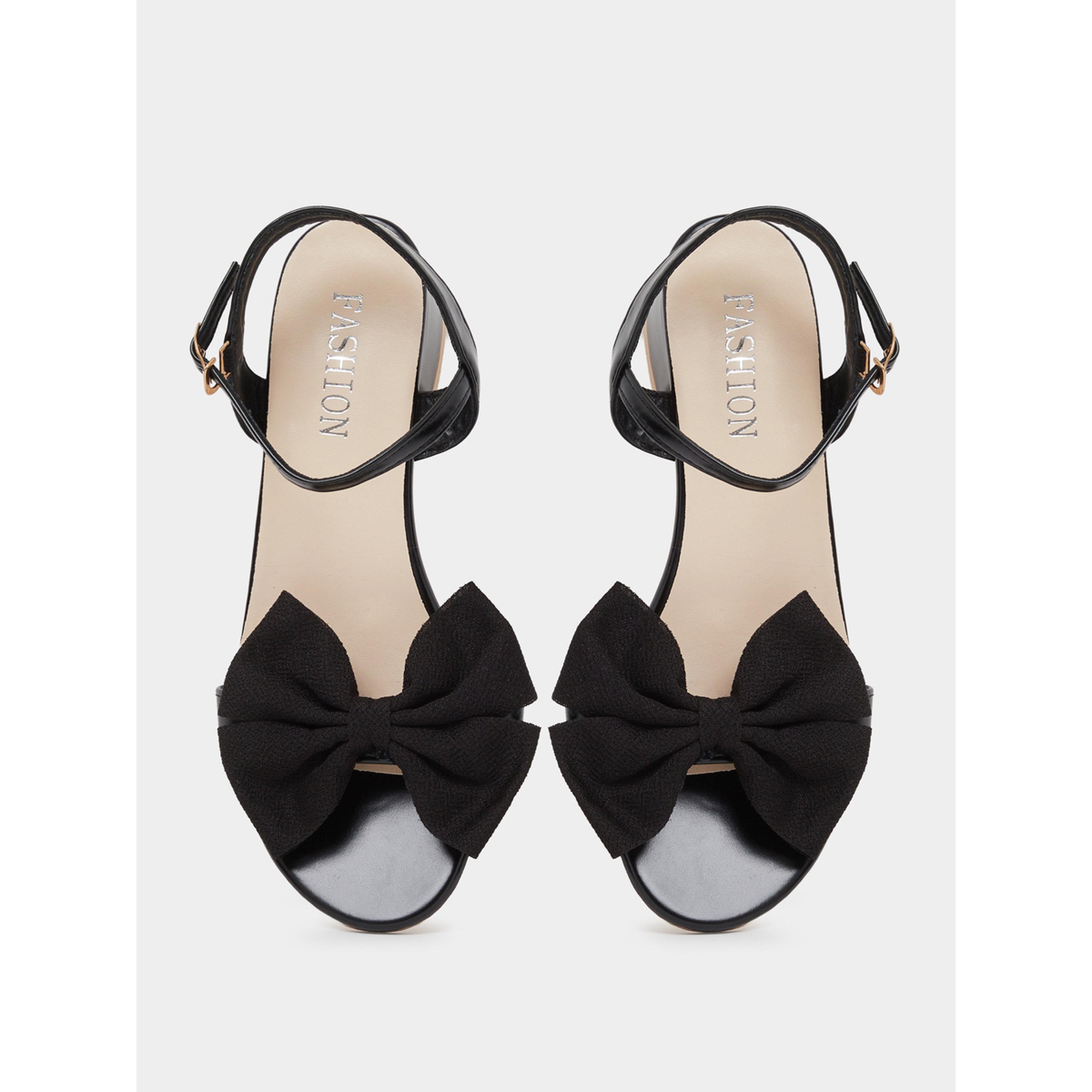 Take Two Black Ankle Strap Bow Block Heel Sandals-women-shoes-sandals-heeled-image-4