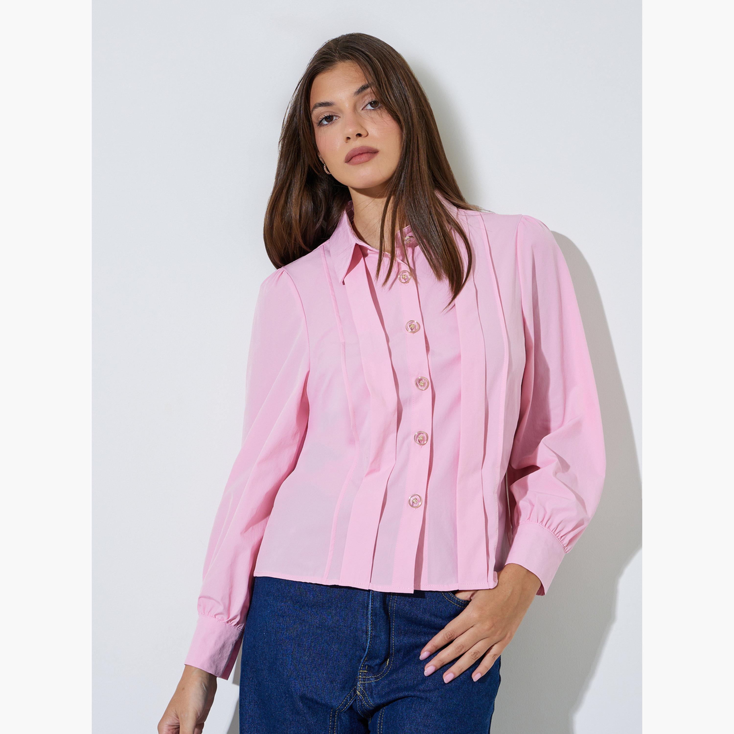 بلوزة بأكمام طويلة وتفاصيل كسرات مطوية-women-clothing-shirtsandblouses-shirts-image-1