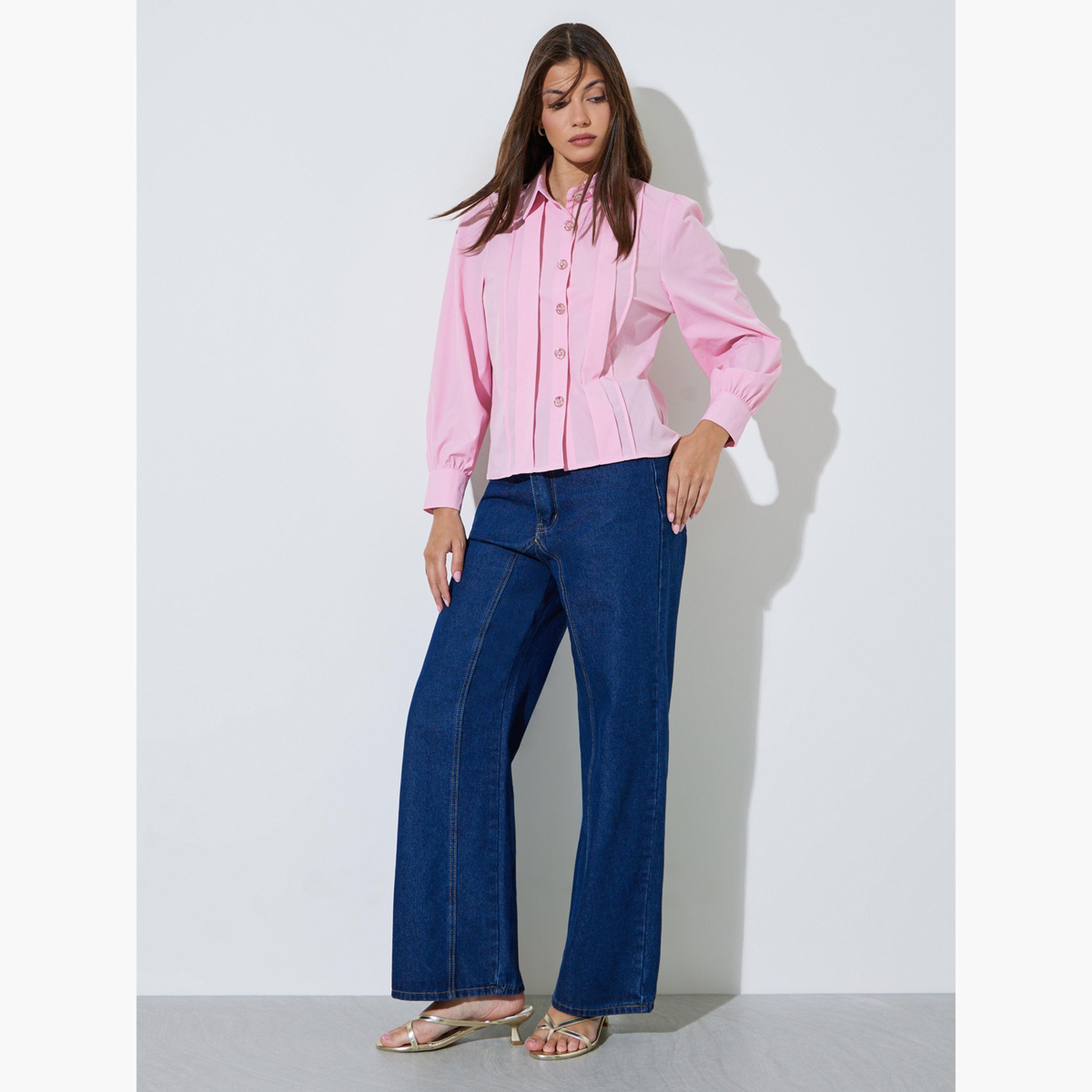 بلوزة بأكمام طويلة وتفاصيل كسرات مطوية-women-clothing-shirtsandblouses-shirts-image-2