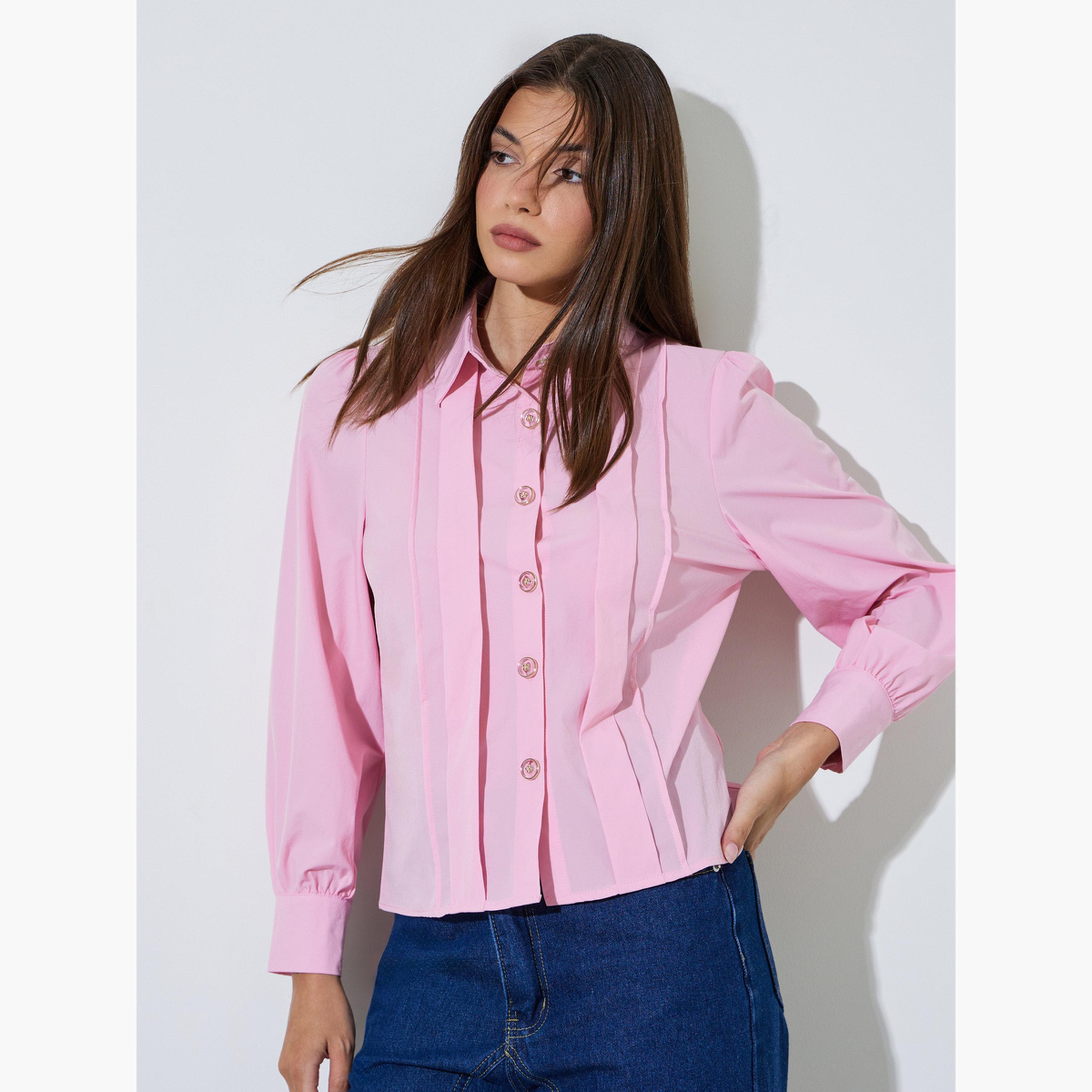 بلوزة بأكمام طويلة وتفاصيل كسرات مطوية-women-clothing-shirtsandblouses-shirts-image-3