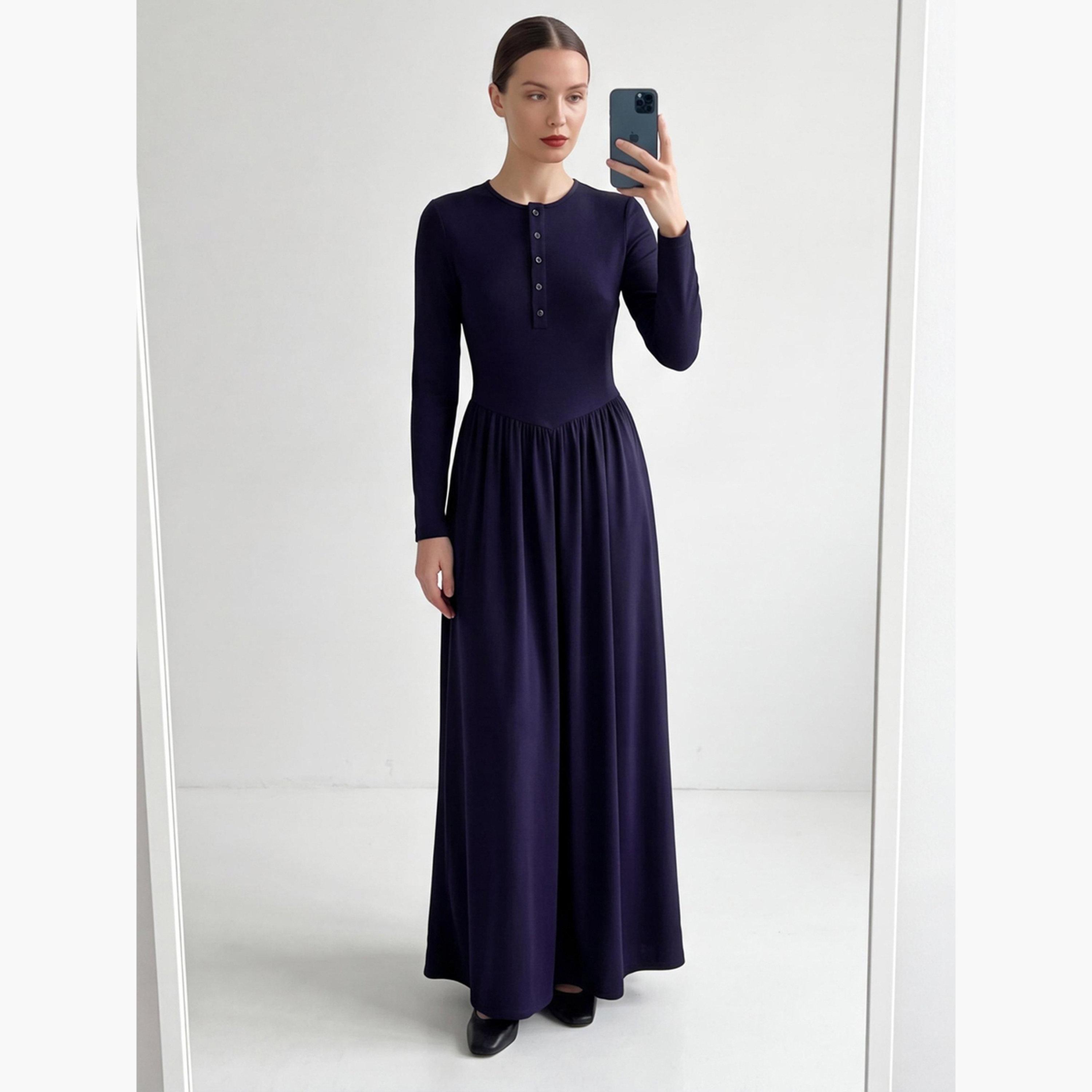 Styli Dark Blue A-Line Maxi Dress with Long Sleeves-women-clothing-dresses-image-1